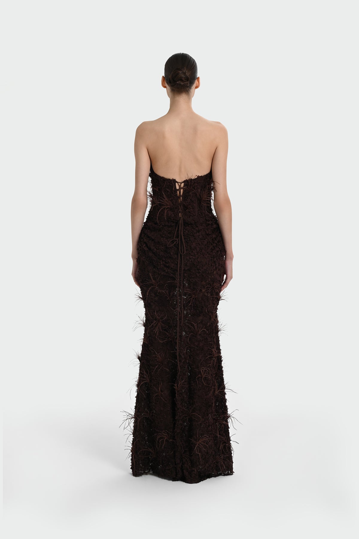 Strapless Long Evening Dress with Feather Detail and Bodice