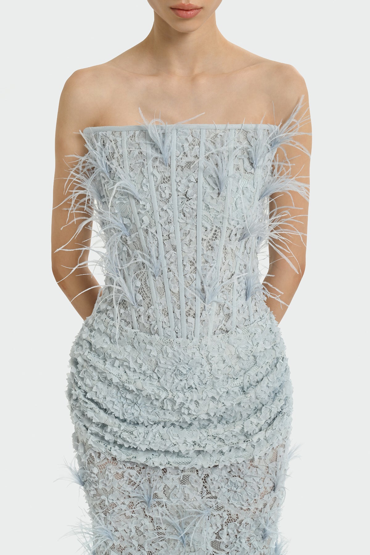 Strapless Long Evening Dress with Feather Detail and Bodice