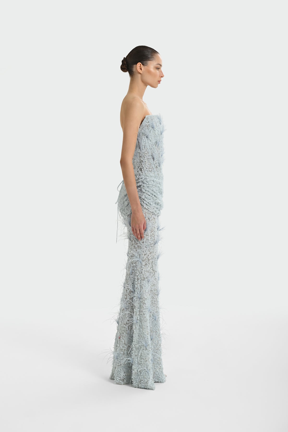 Strapless Long Evening Dress with Feather Detail and Bodice