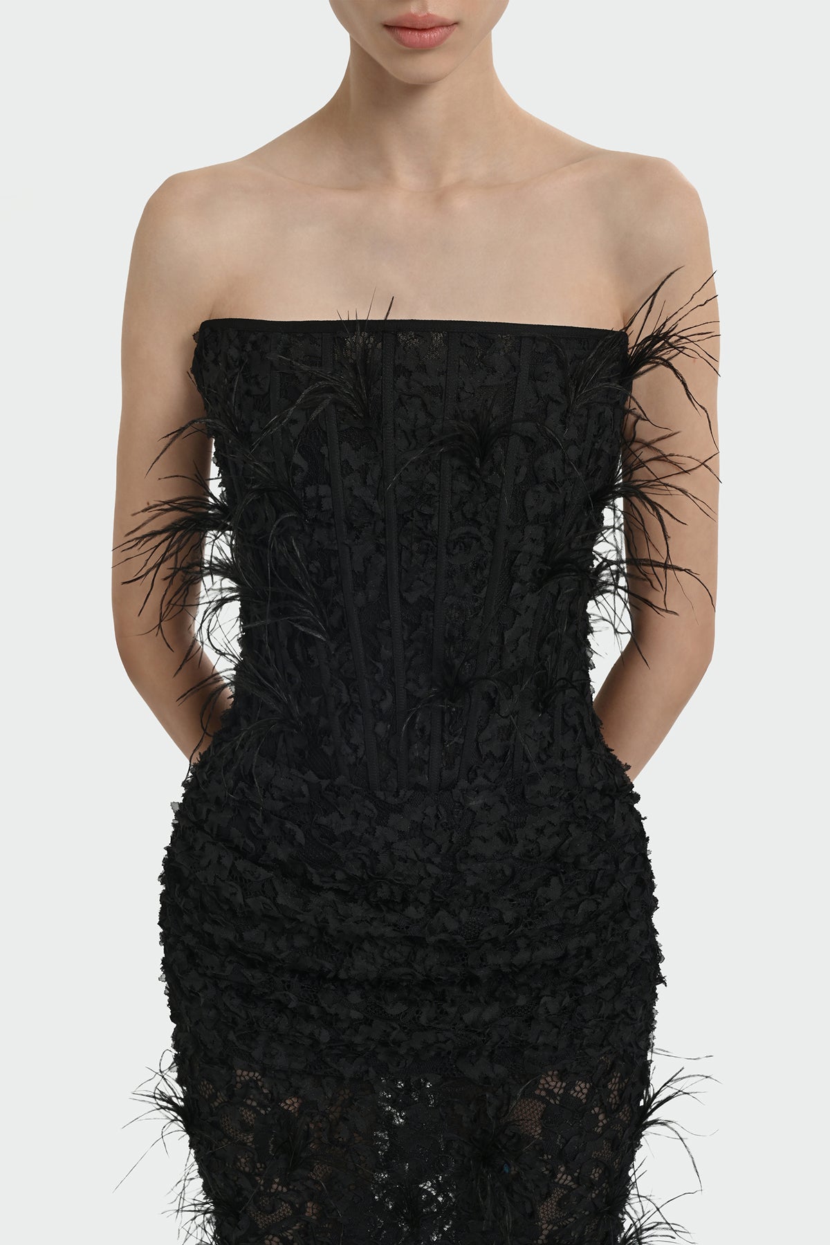 Strapless Long Evening Dress with Feather Detail and Bodice