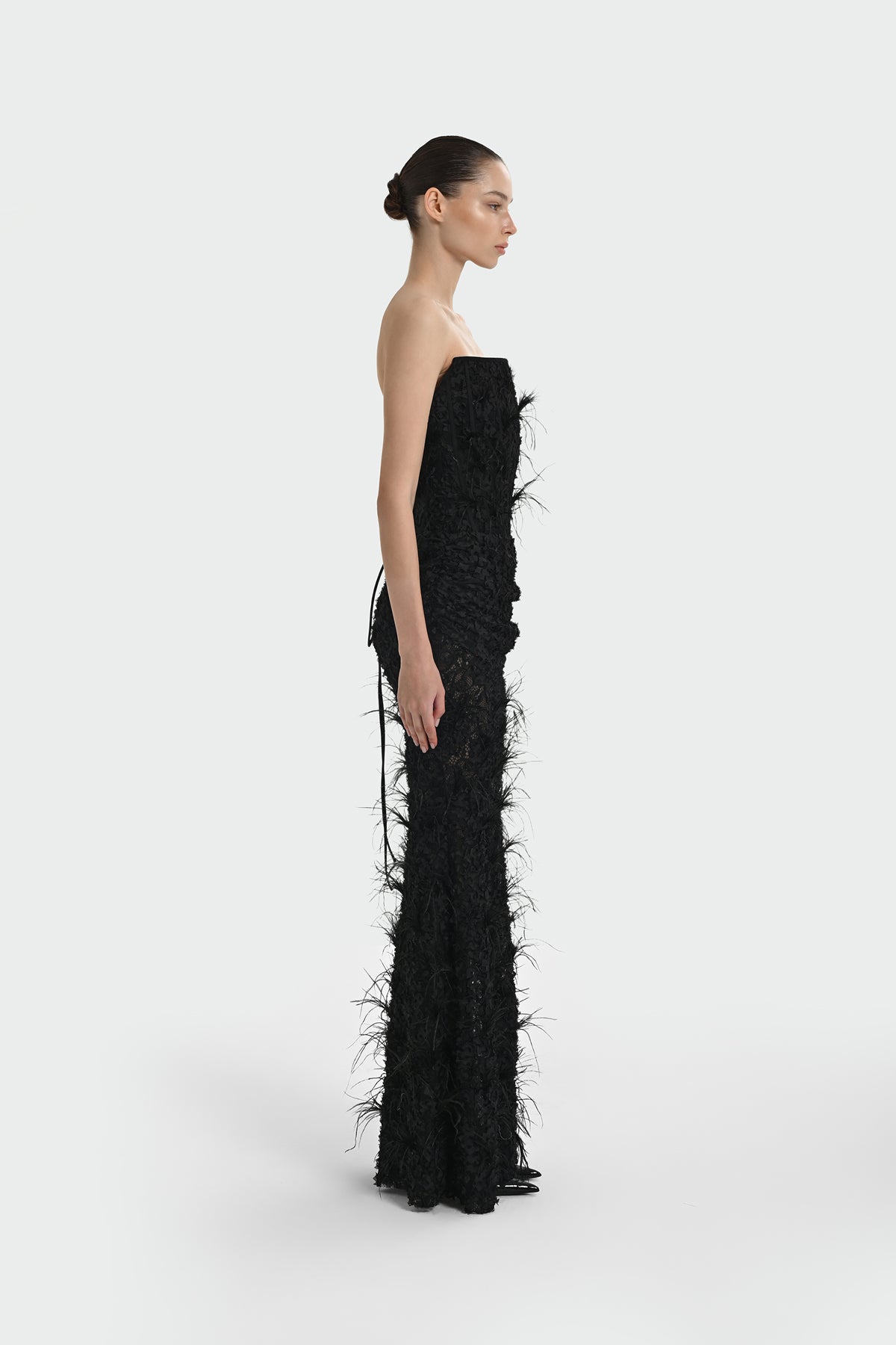 Strapless Long Evening Dress with Feather Detail and Bodice