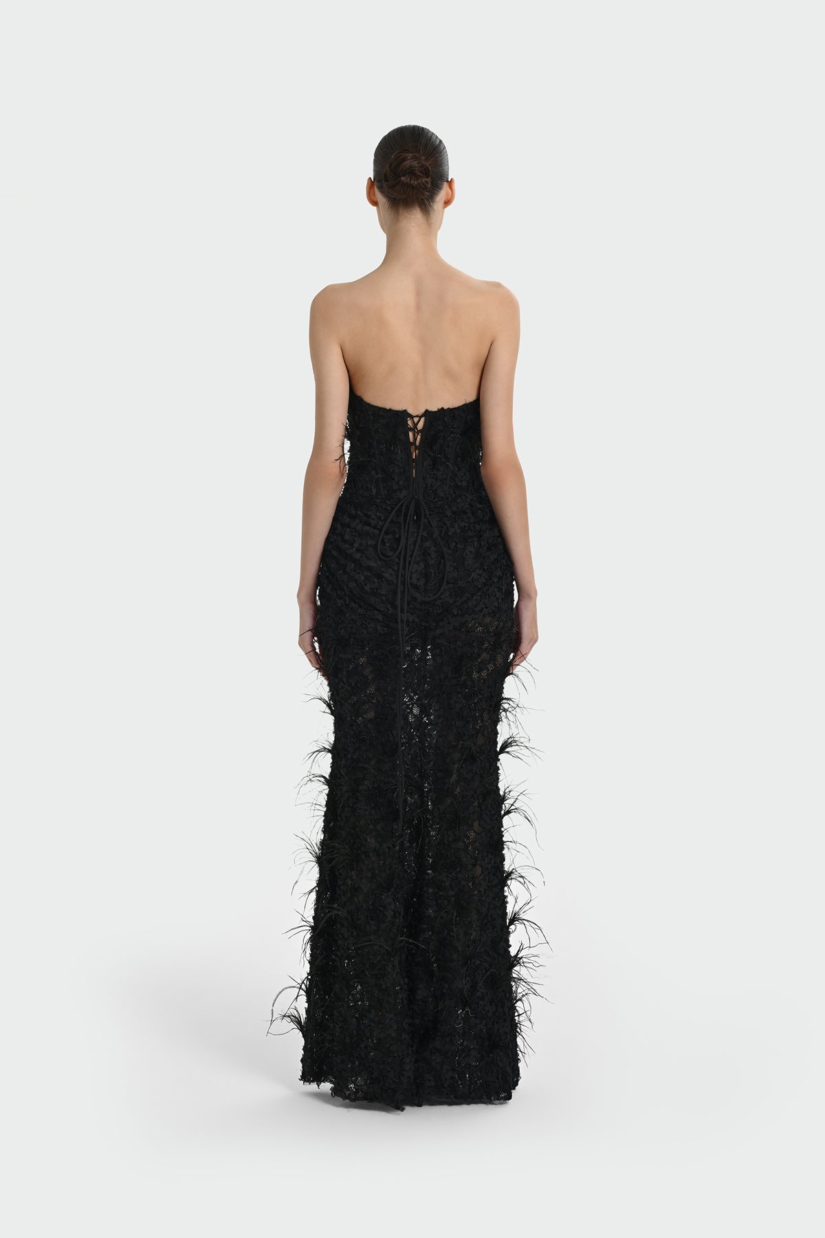 Strapless Long Evening Dress with Feather Detail and Bodice
