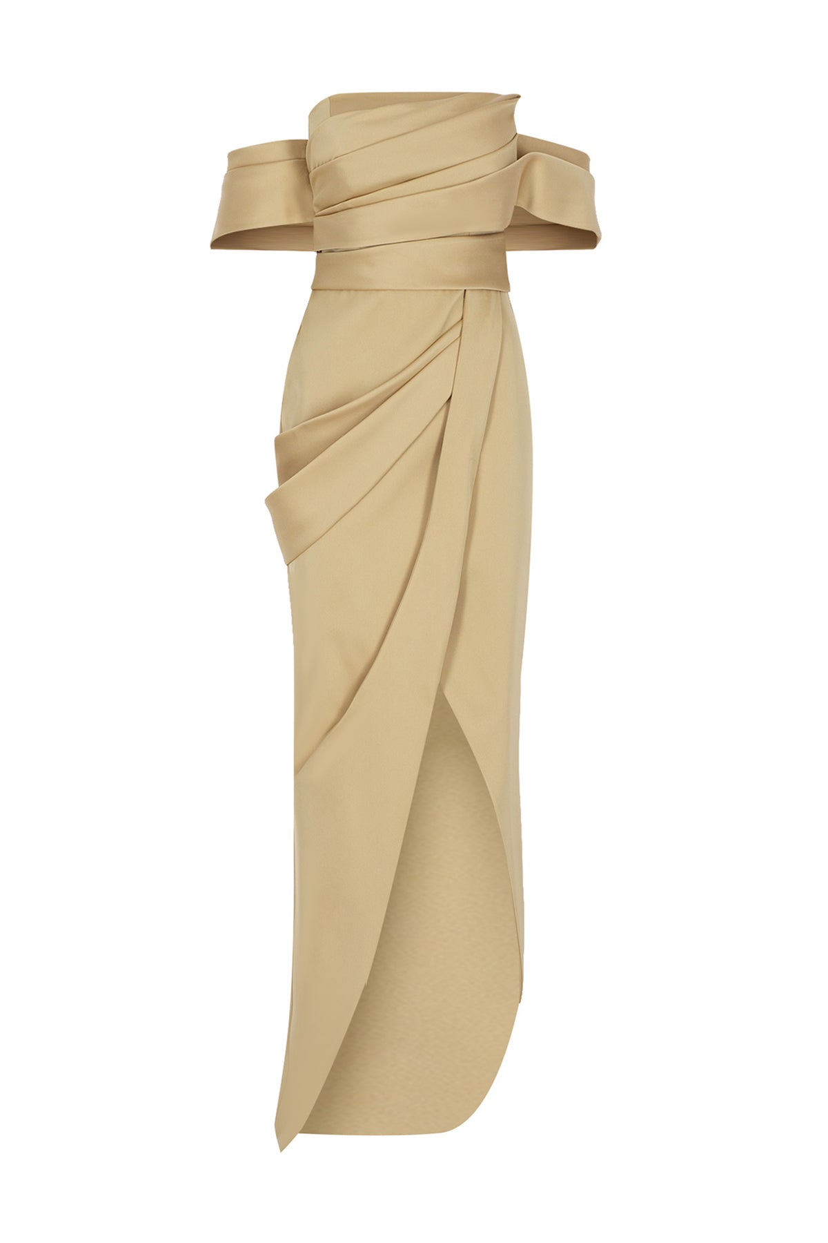 Omuz Açık Drapeli Yırtmaç Detaylı Uzun Abiye Elbise - Cercis