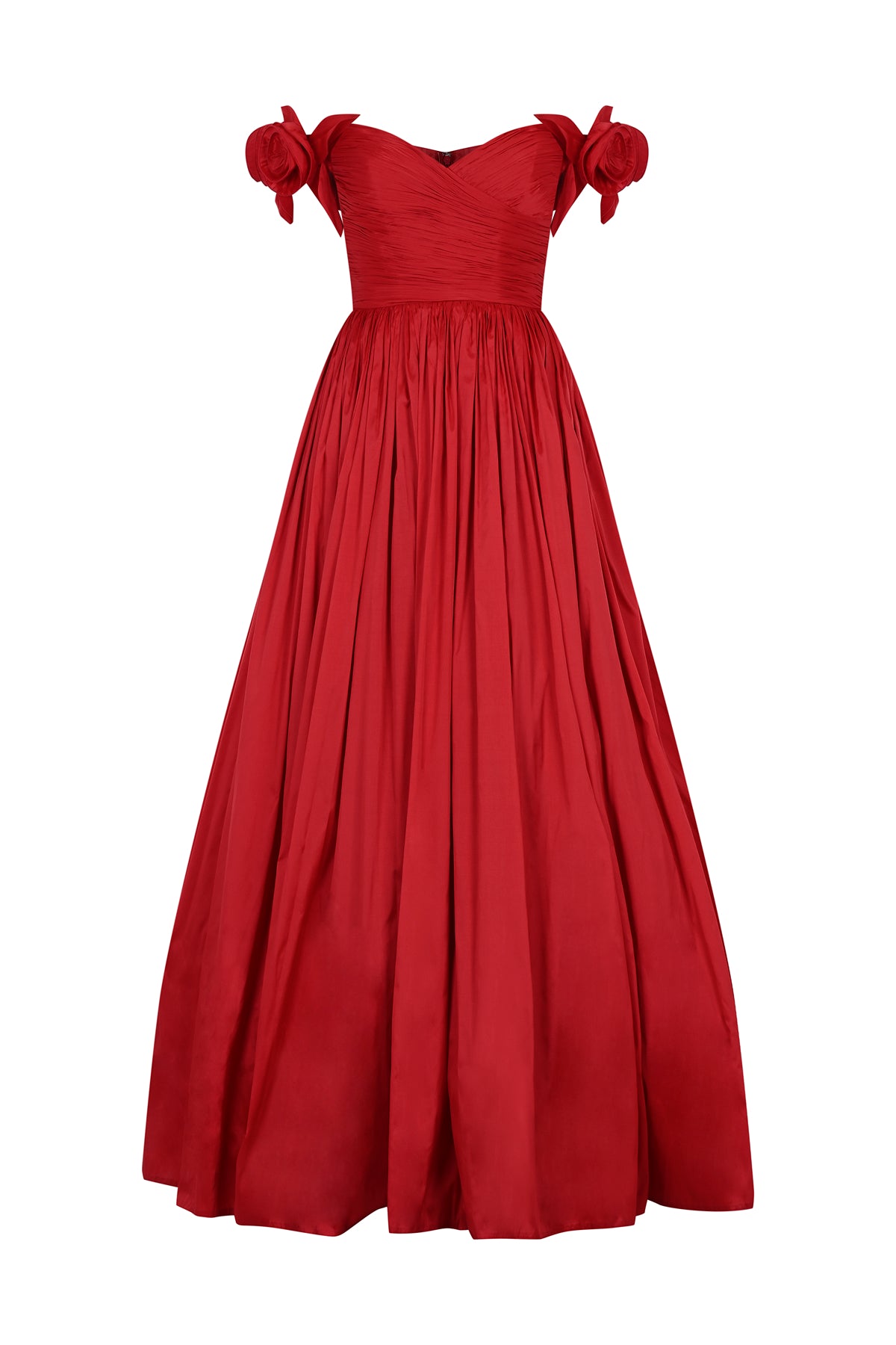 Off the Shoulder Rose Appliqued Princess Cut Long Evening Dress