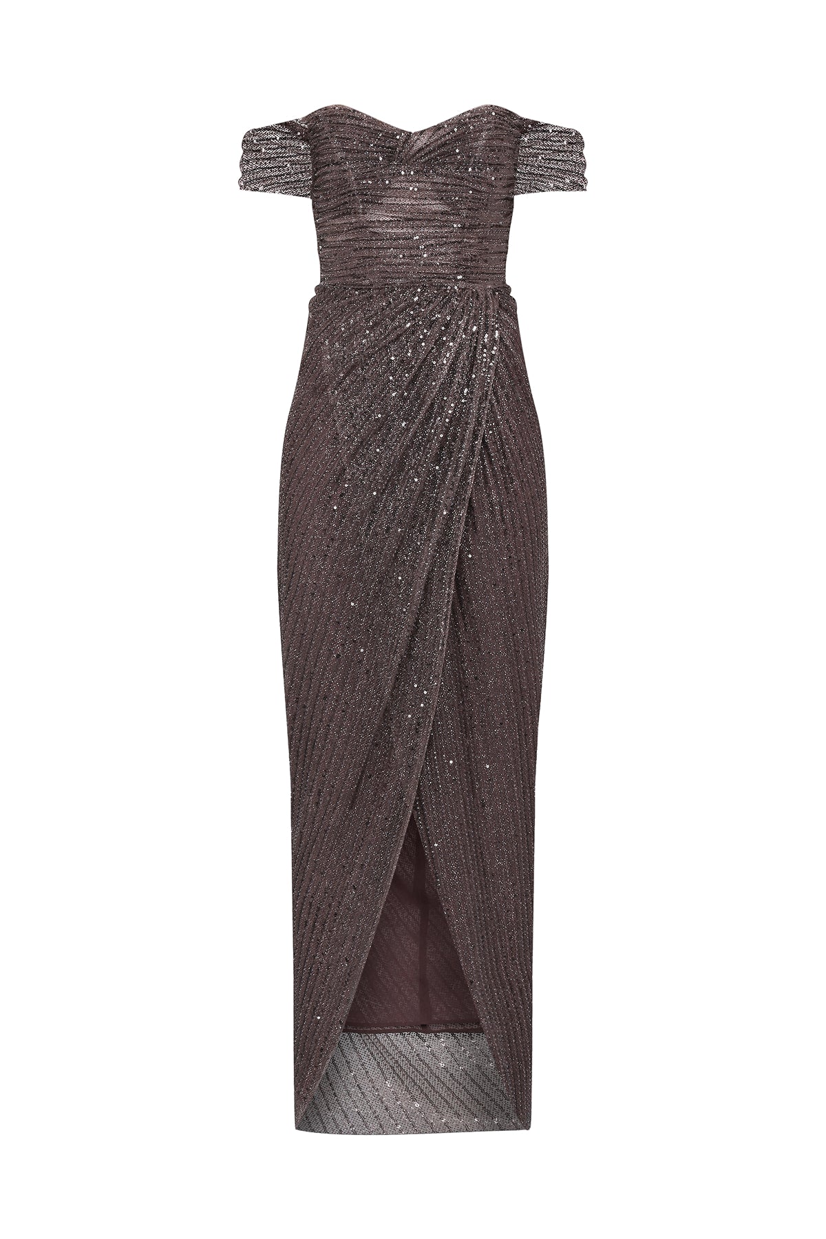 Strapless Slit Long Evening Dress with Sequin Detail