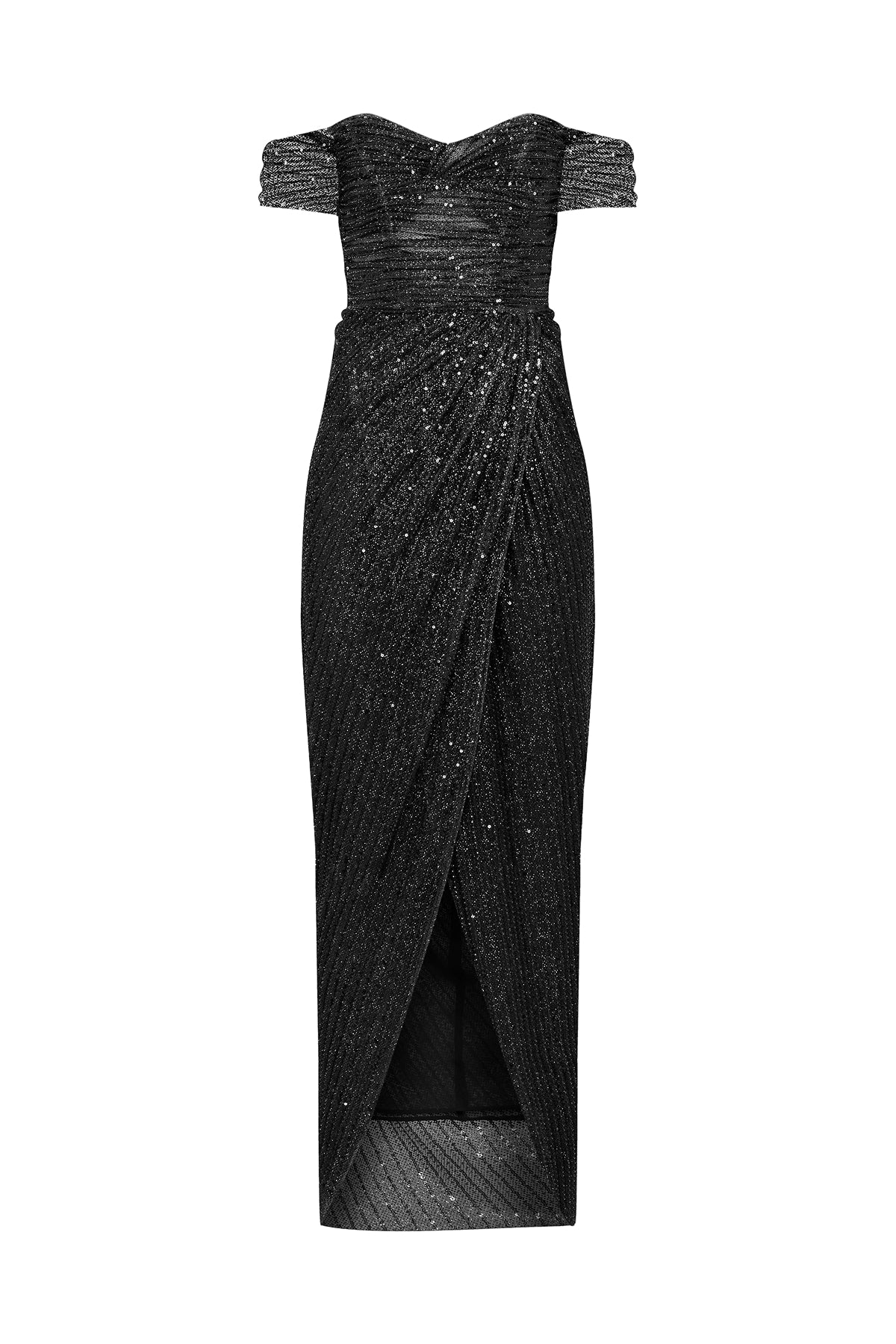 Strapless Slit Long Evening Dress with Sequin Detail