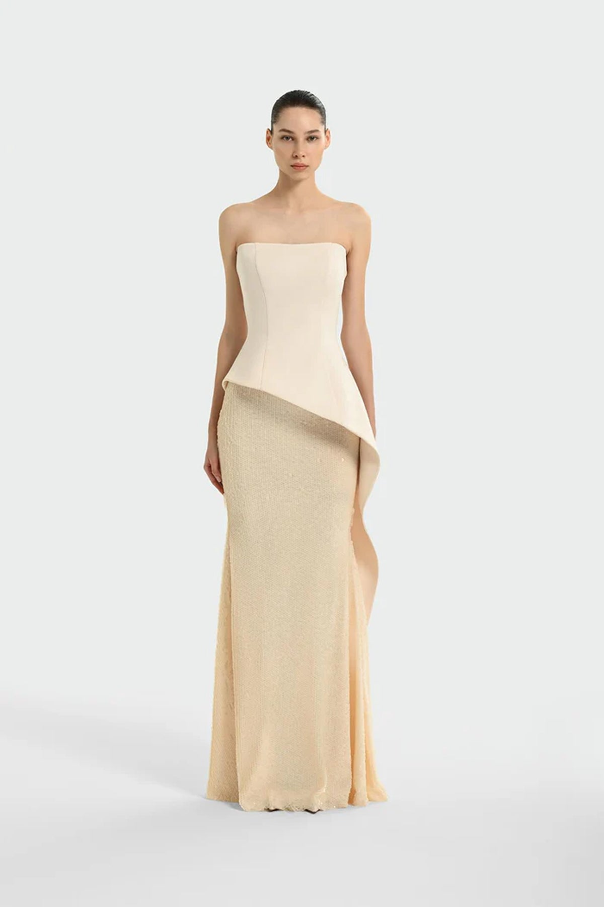 Sequin Embellished Strapless Crepe Evening Dress Set