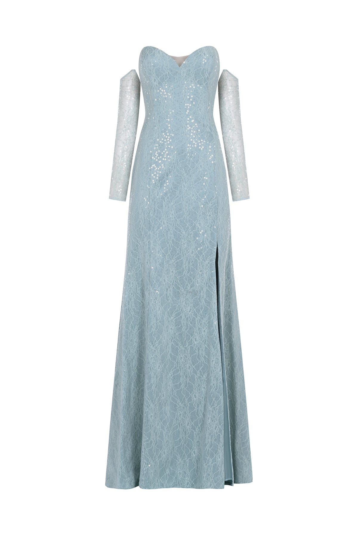 Glittery Lace Sweetheart Neckline Slit Detailed Long Evening Dress