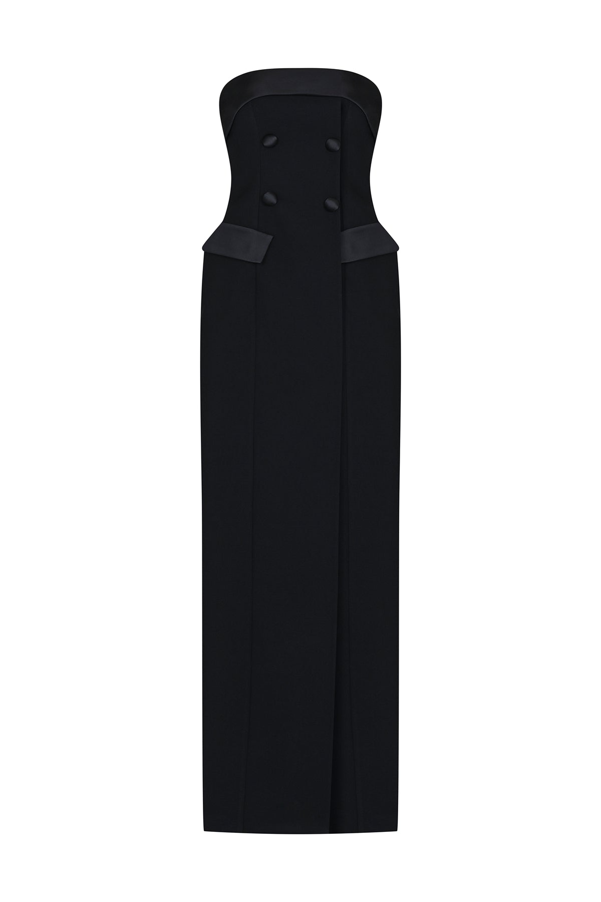 فستان سهرة طويل بدون حمالات ومغطى بالجيوب