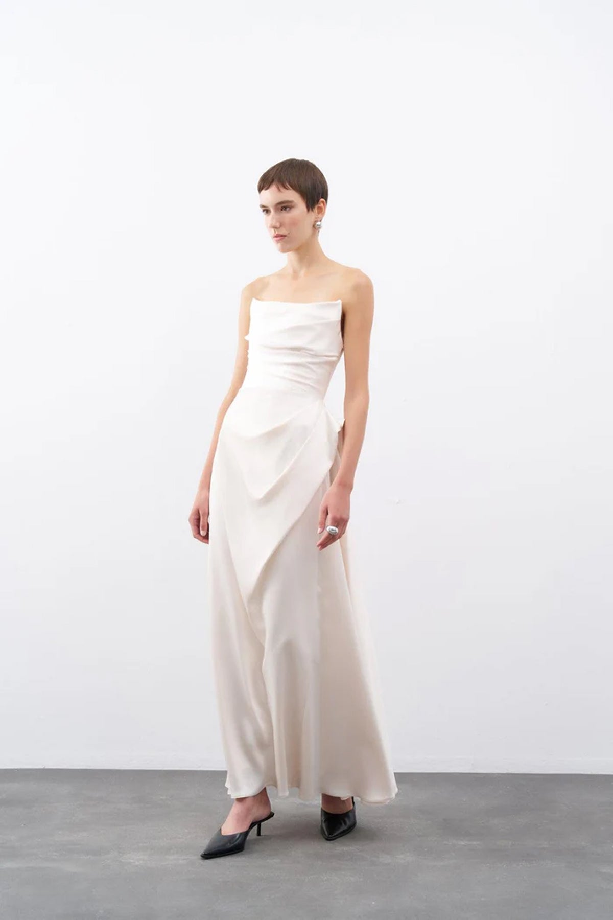 Straplez Drape Detaylı Uzun Abiye Elbise - Cercis