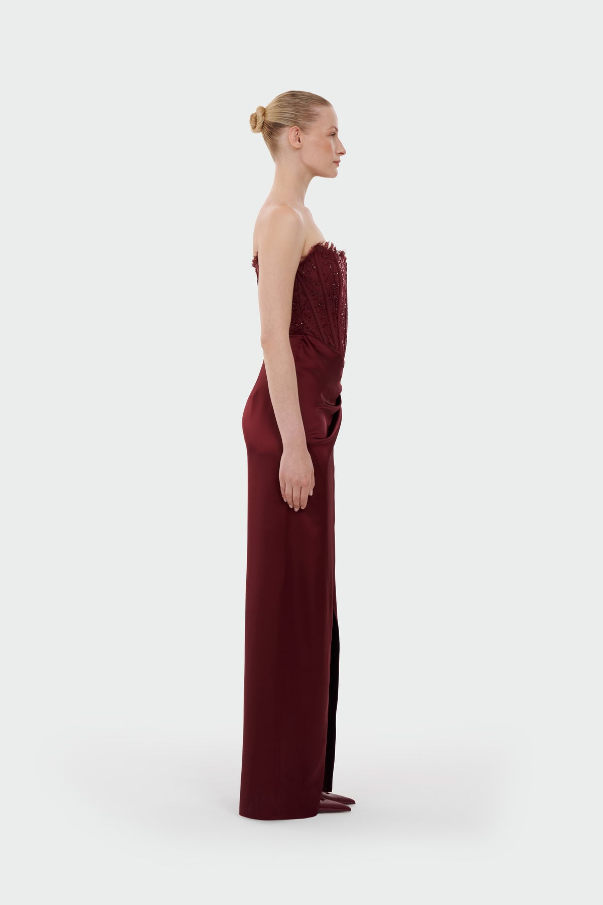Strapless Draped Slit Evening Gown