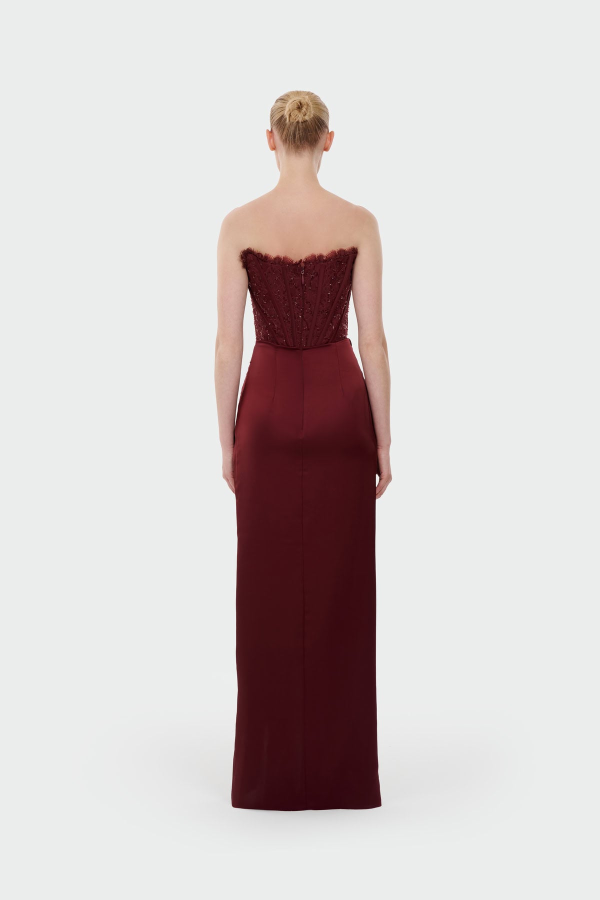 Strapless Draped Slit Evening Gown