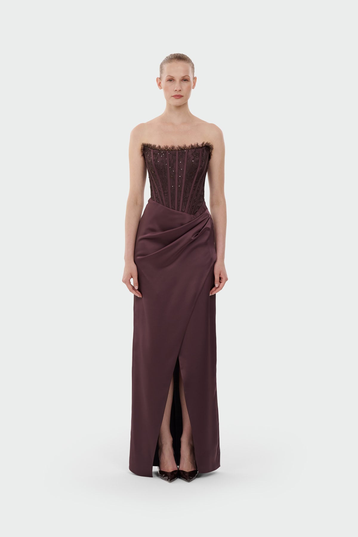 Strapless Draped Slit Evening Gown