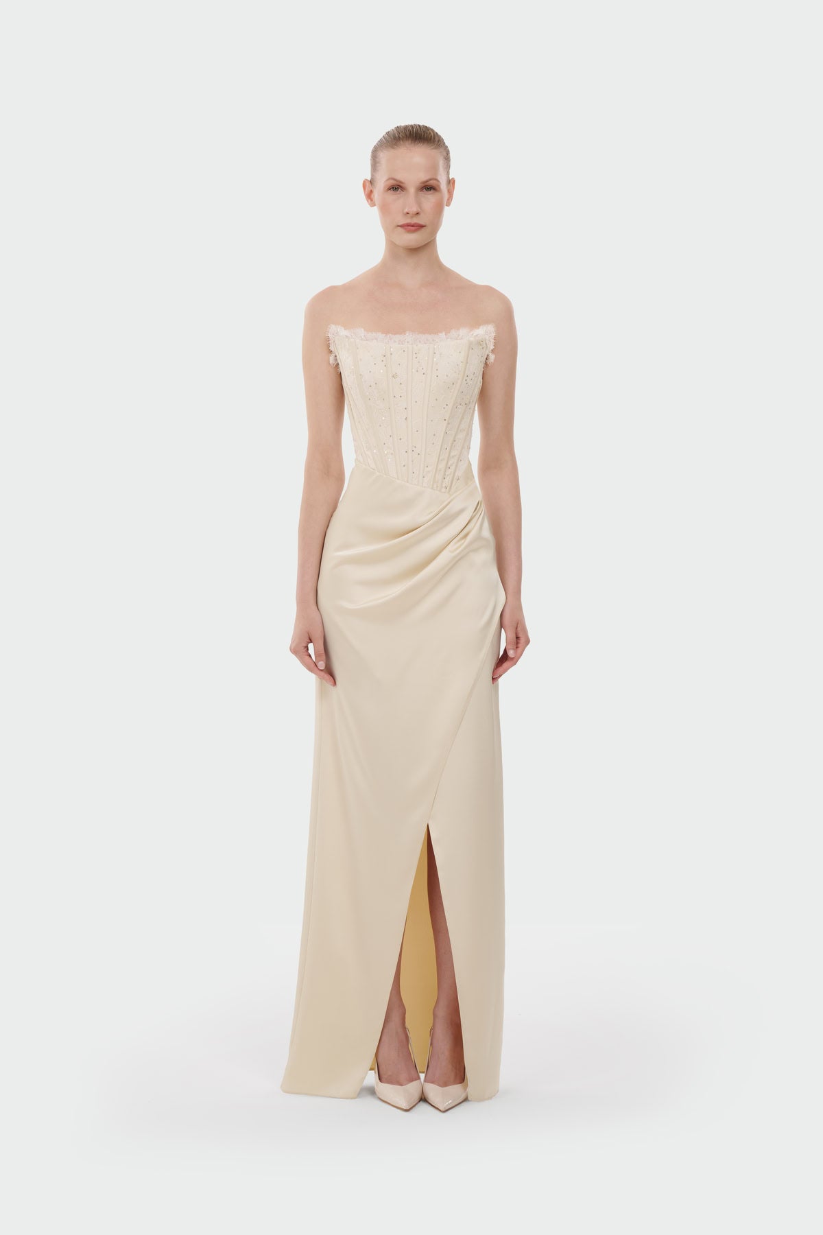 Strapless Draped Slit Evening Gown
