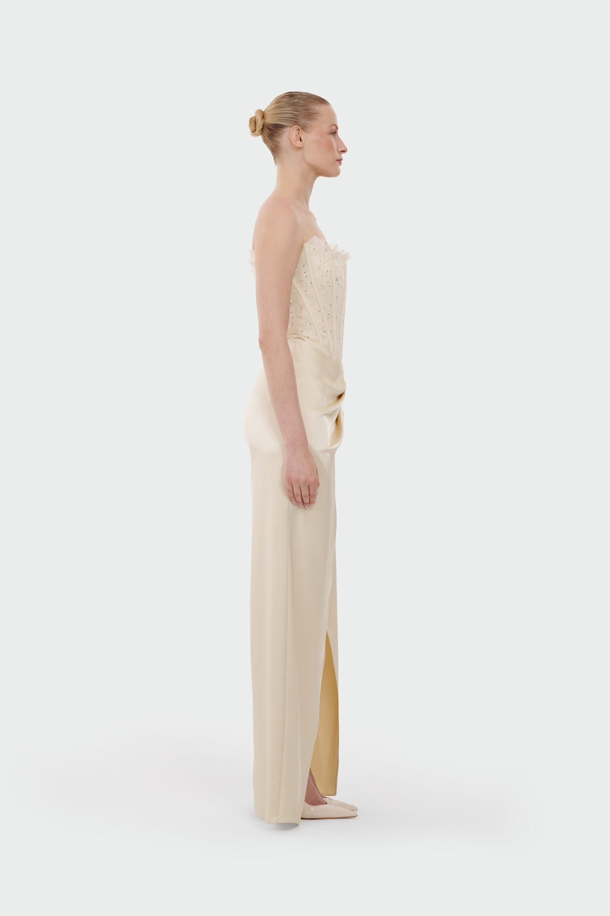 Strapless Draped Slit Evening Gown