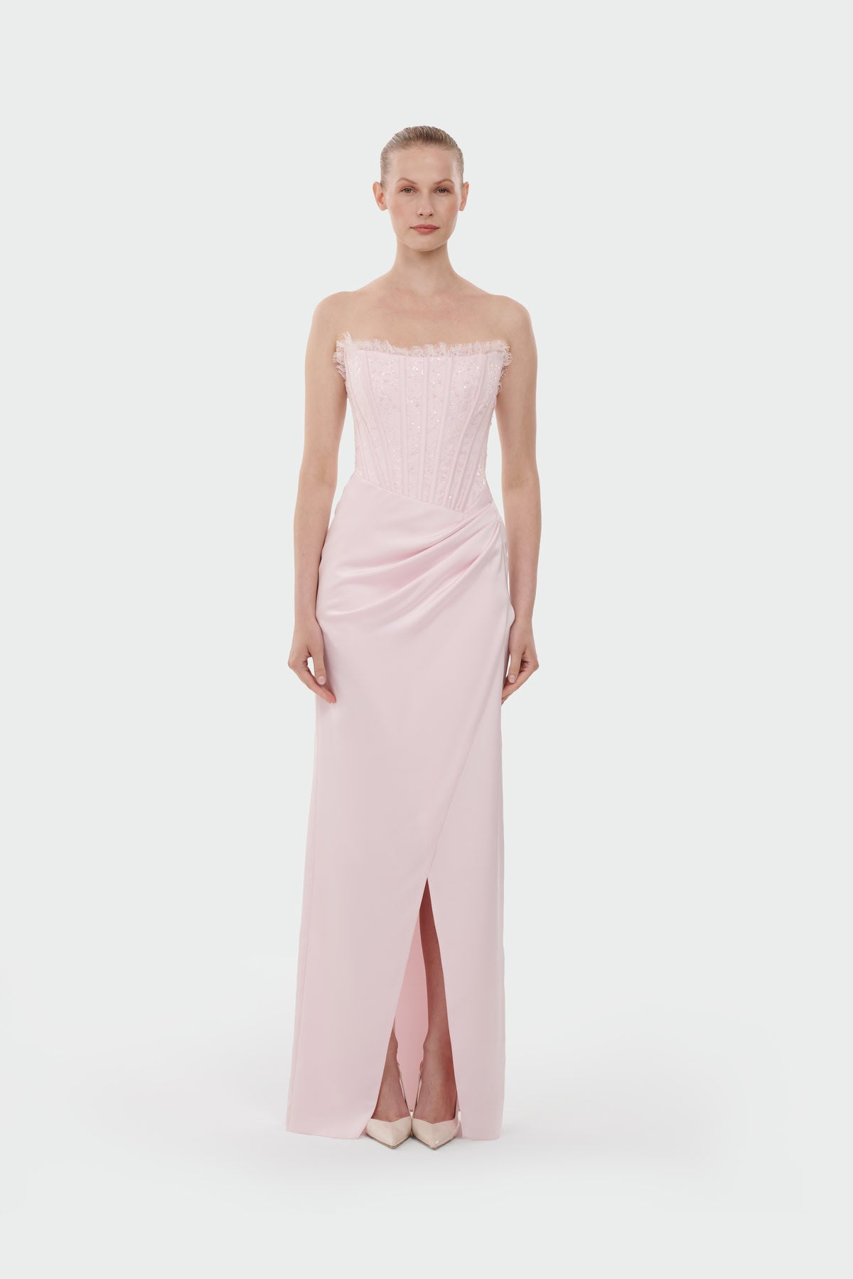 Strapless Draped Slit Evening Gown