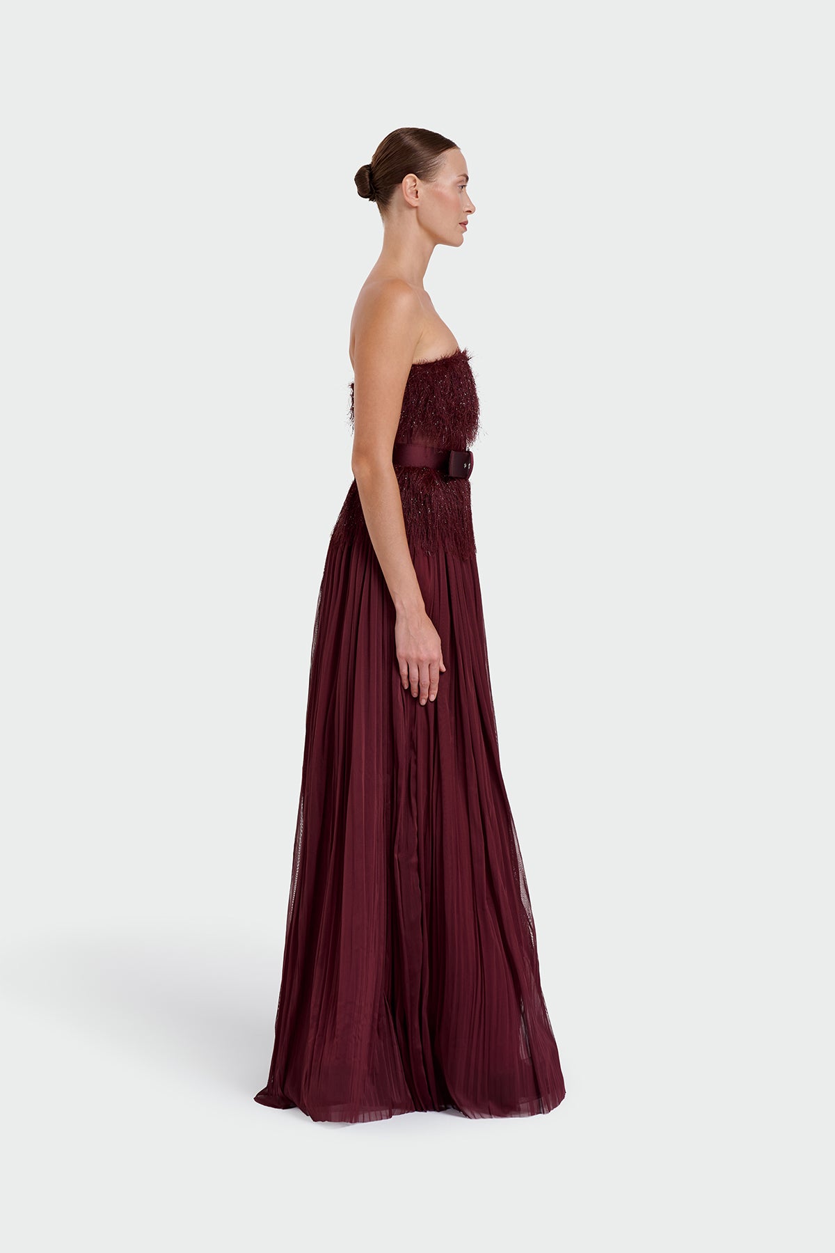 Strapless Belt Detail Slit Long Evening Dress