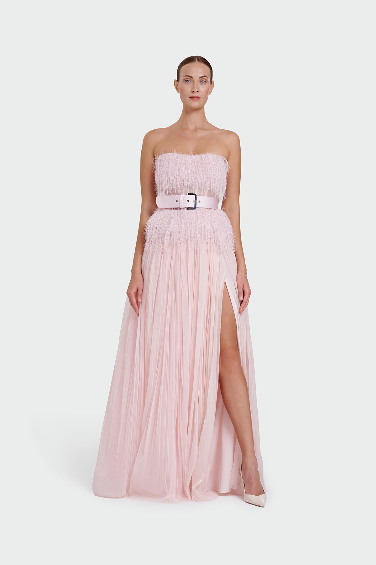 Strapless Belt Detail Slit Long Evening Dress