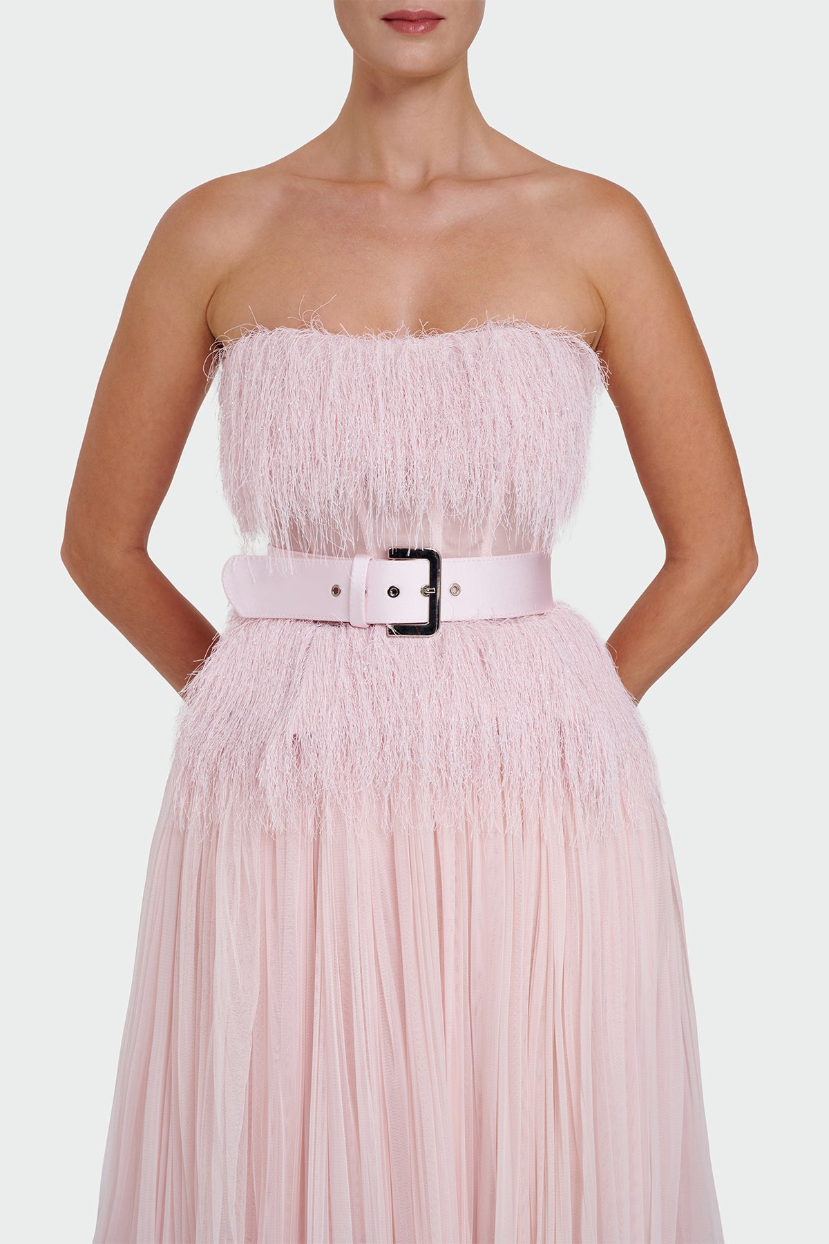 Strapless Belt Detail Slit Long Evening Dress