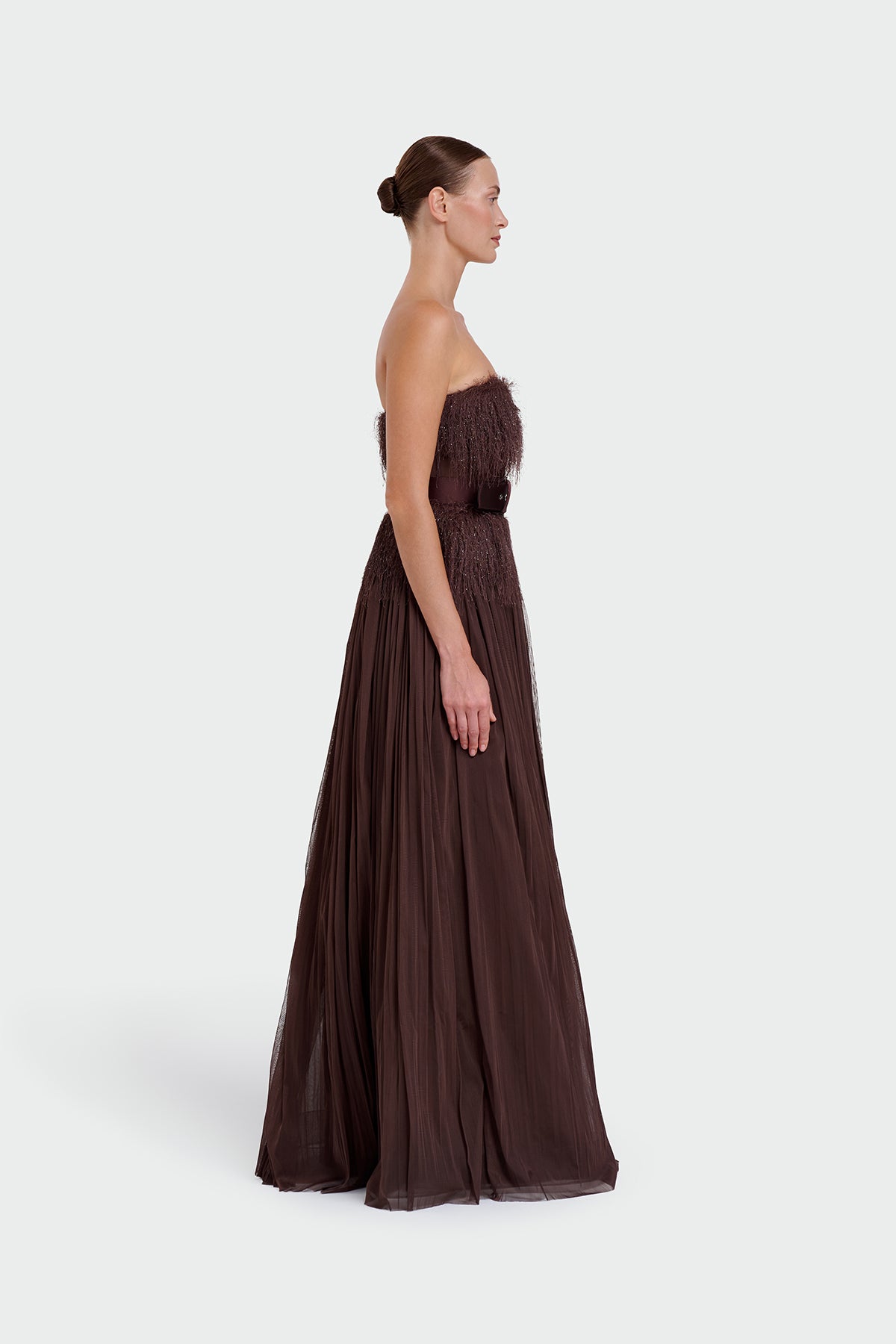 Strapless Belt Detail Slit Long Evening Dress