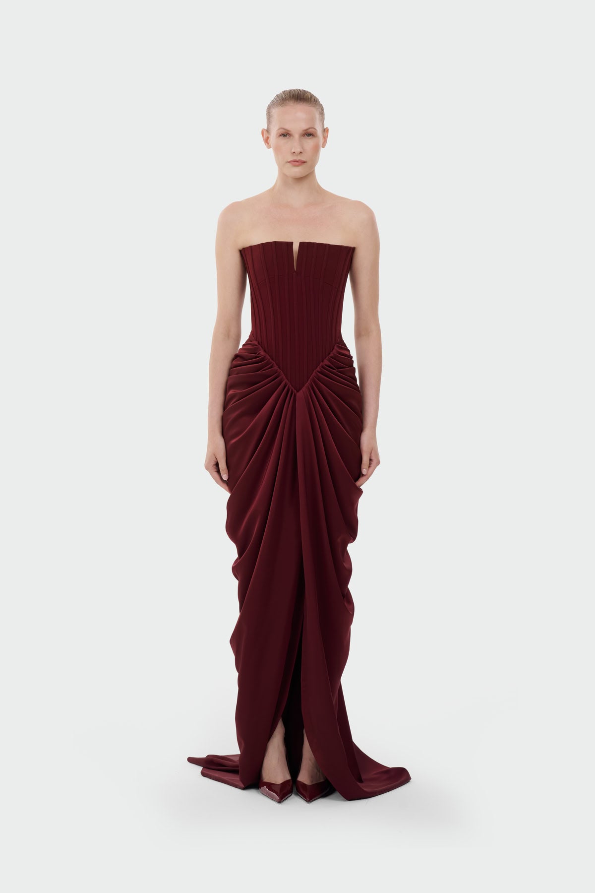 Strapless Corset-Bodice Draped Long Evening Dress