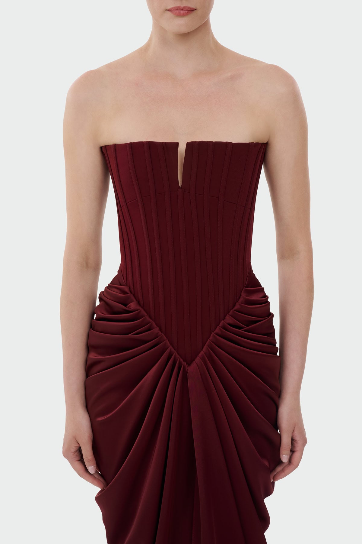 Strapless Corset-Bodice Draped Long Evening Dress