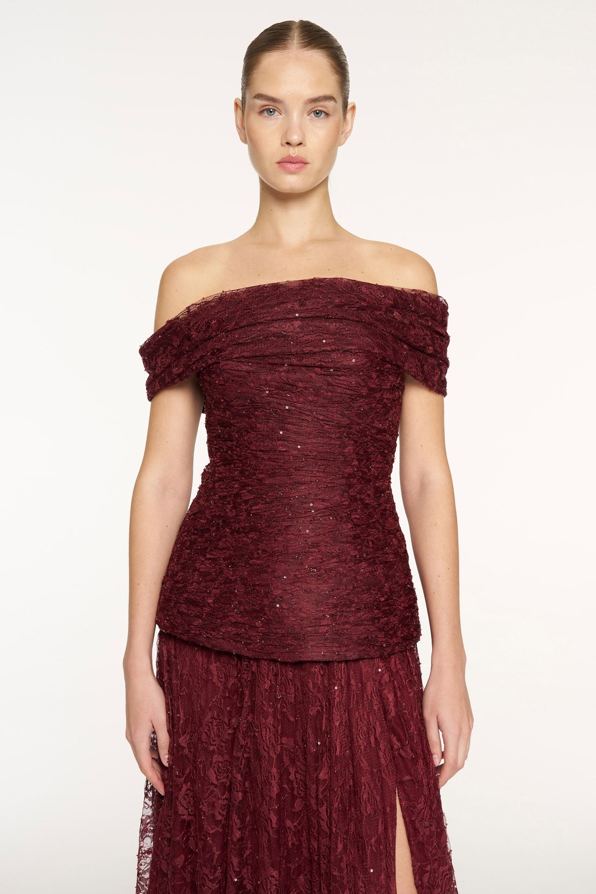 Strapless Sequin Embellished Slit Evening Dress