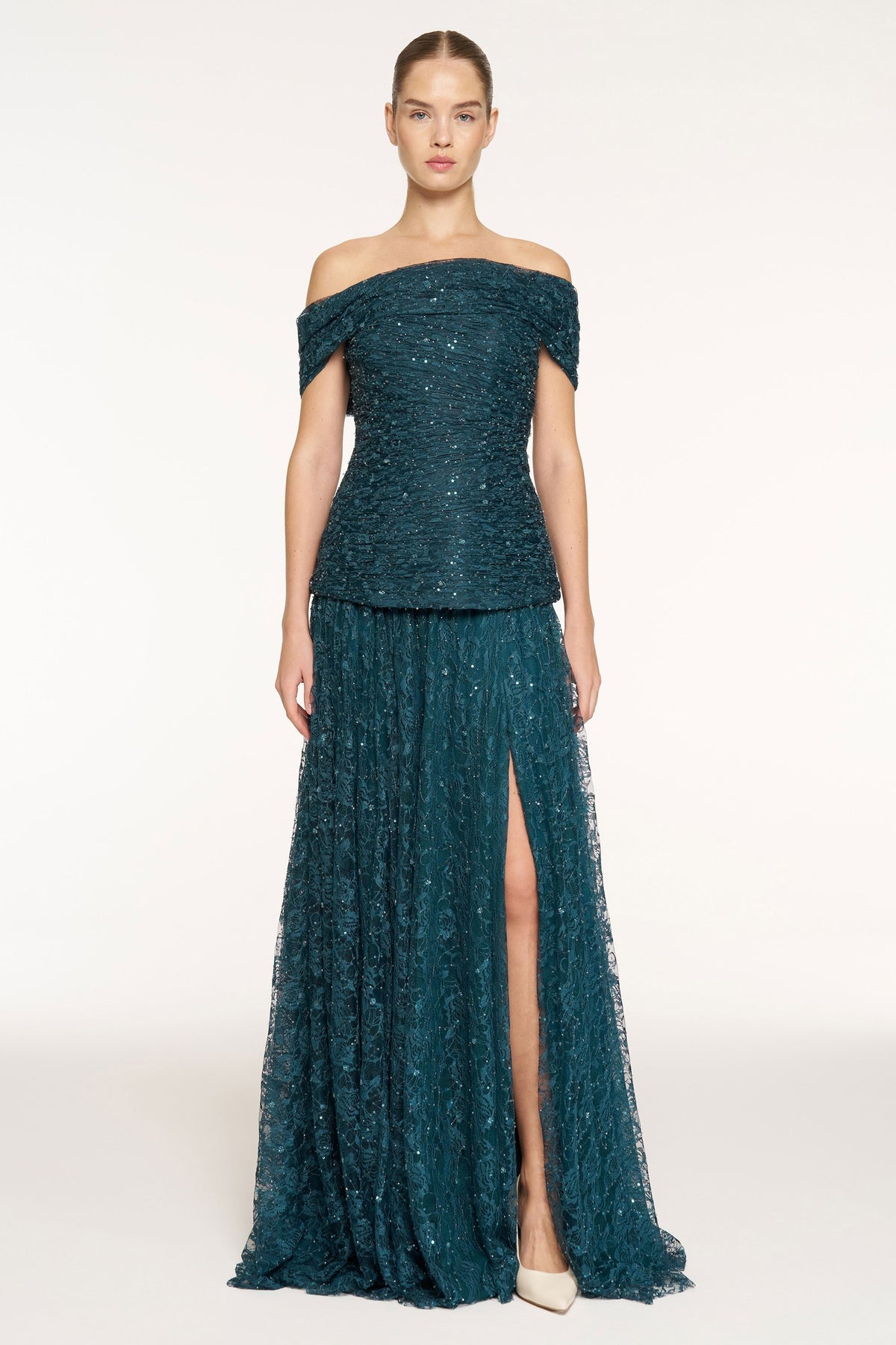 Strapless Sequin Embellished Slit Evening Dress