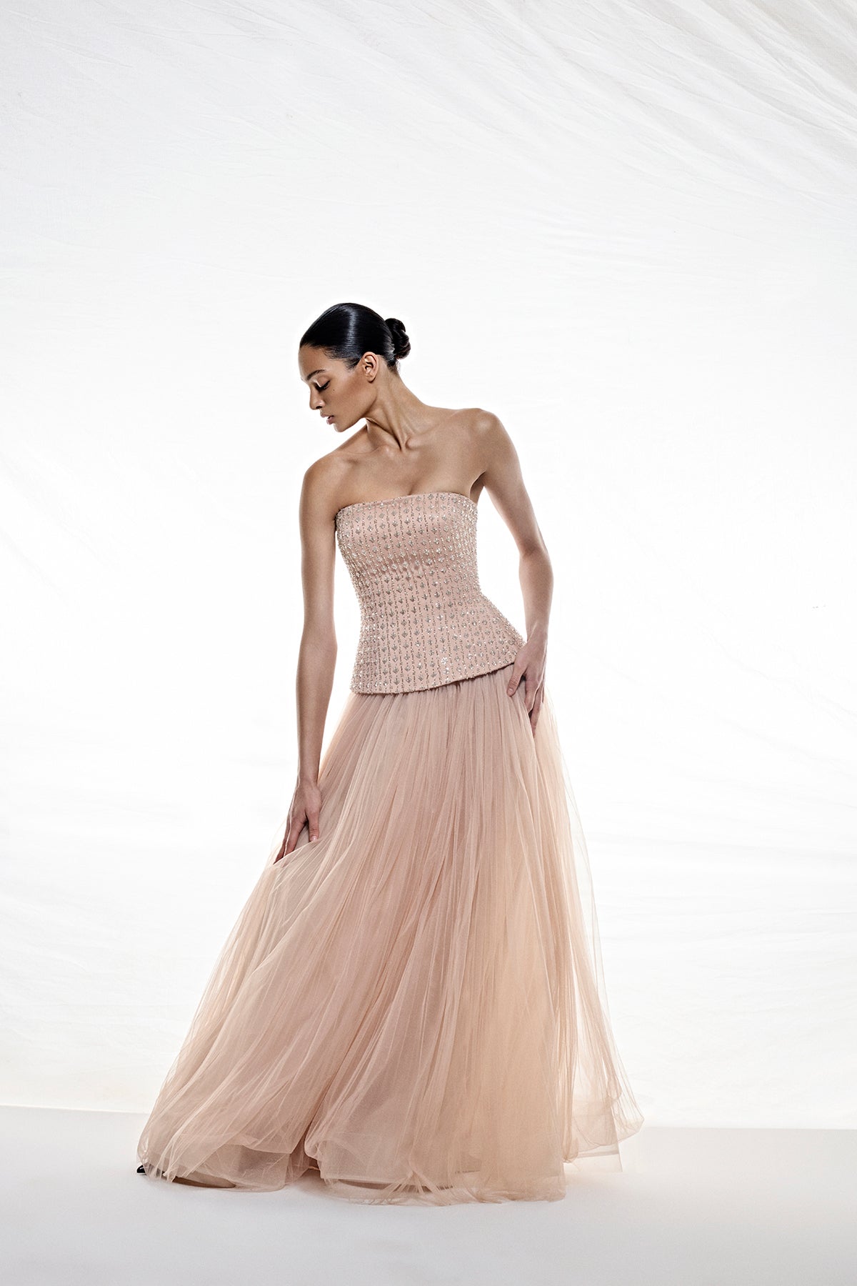 Strapless Embellished Skirt Tulle Evening Dress