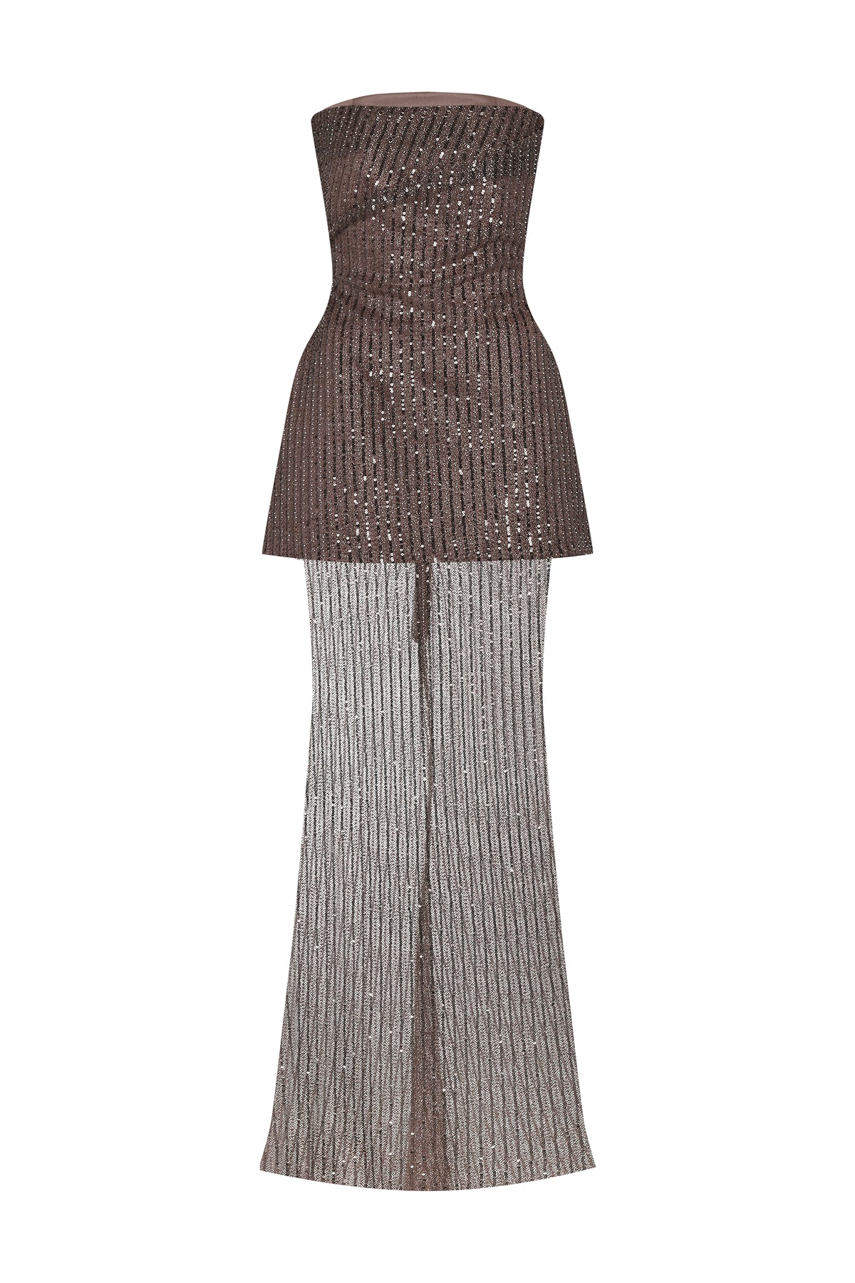 فستان سهرة بدون حمالات مزين بالترتر