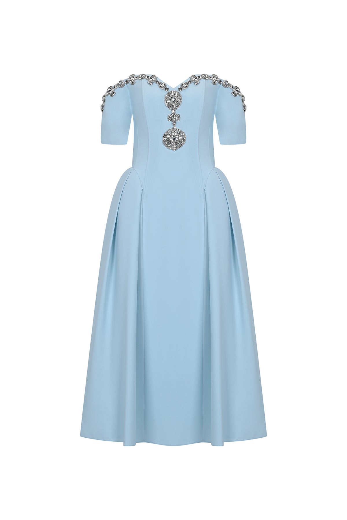 Stone Embroidered Off Shoulder Pleated Midi Evening Dress