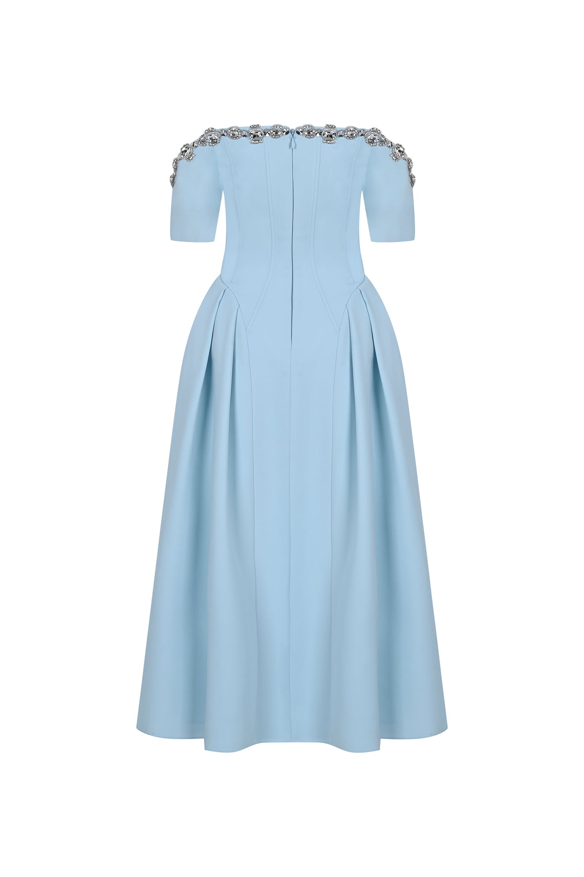 Stone Embroidered Off Shoulder Pleated Midi Evening Dress