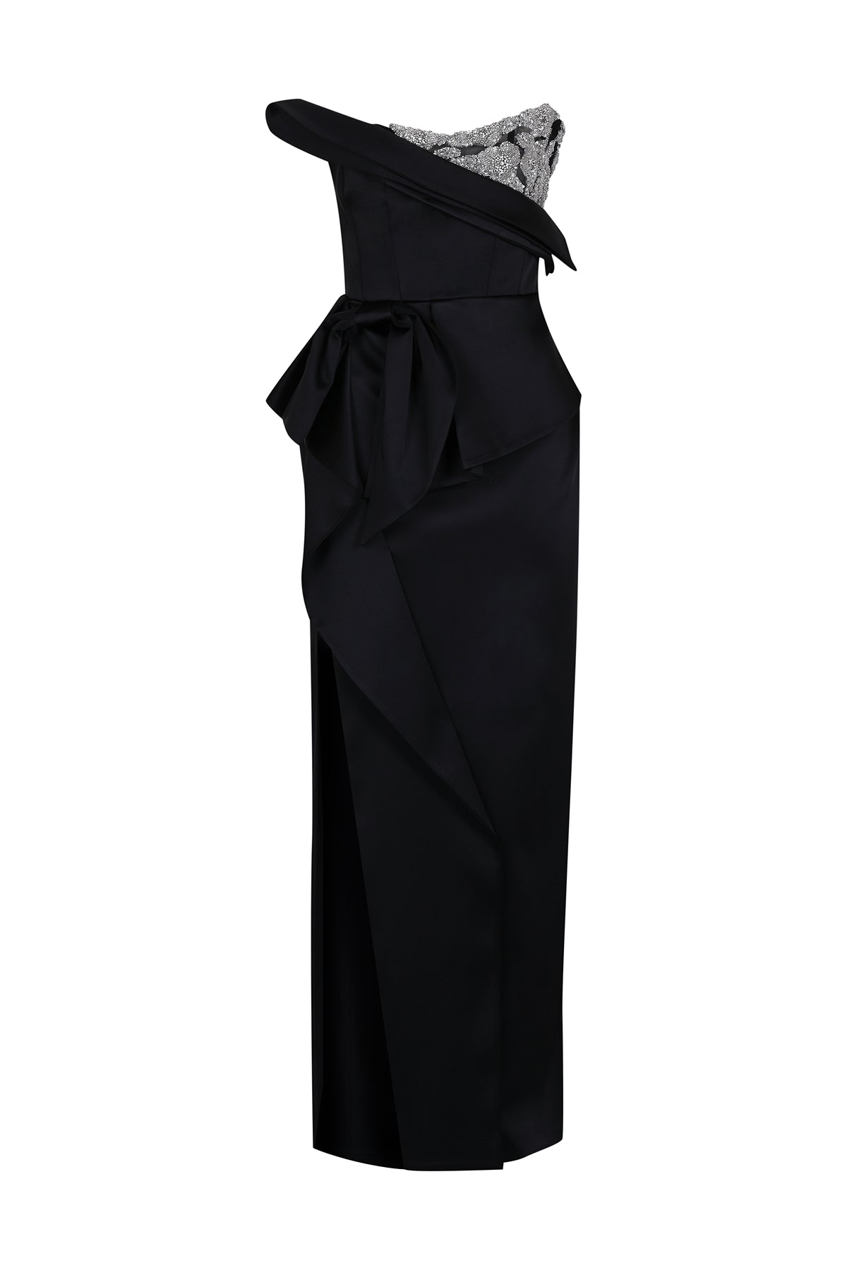 Stone Embroidered Bow Detailed Strapless Long Evening Dress
