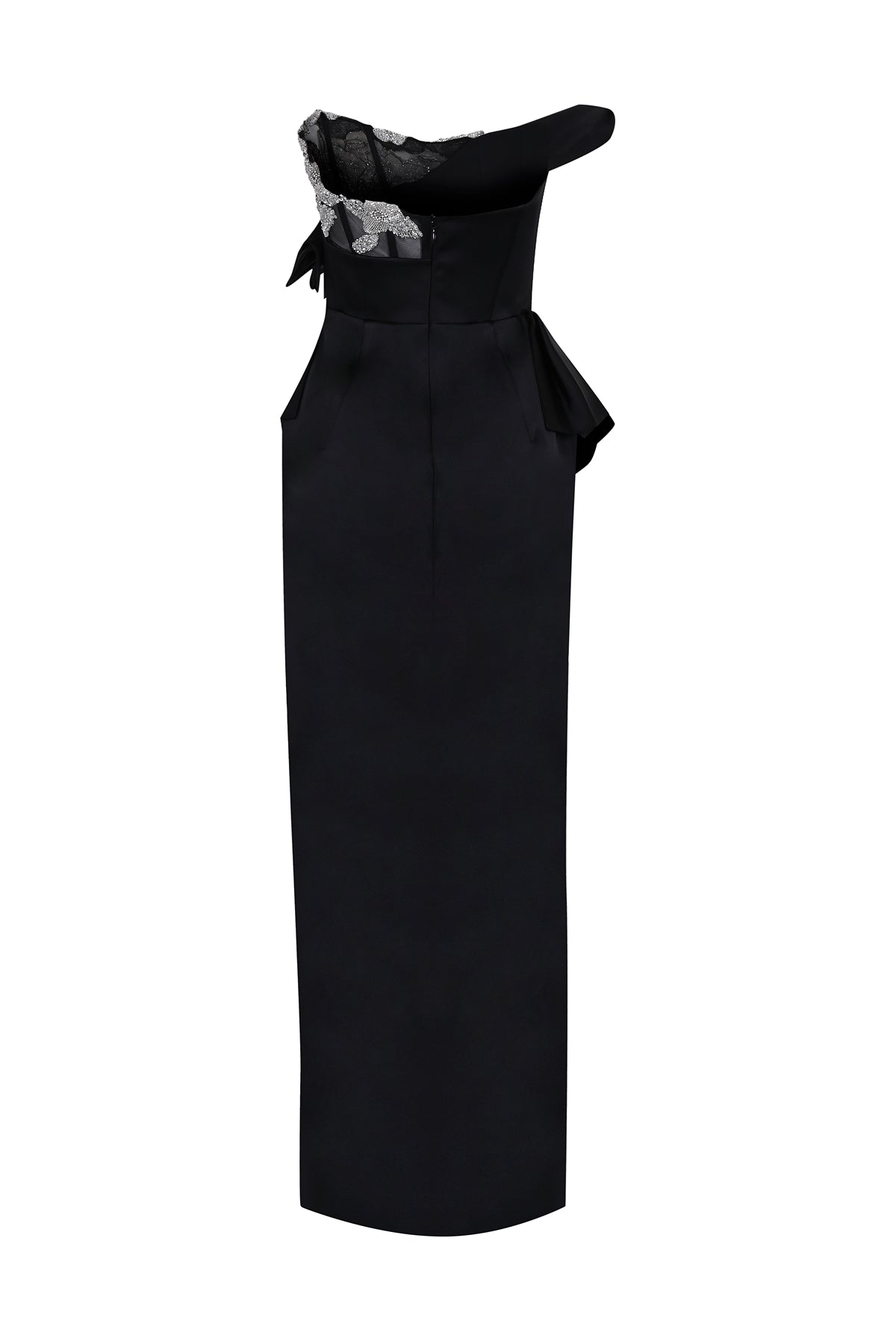 Stone Embroidered Bow Detailed Strapless Long Evening Dress