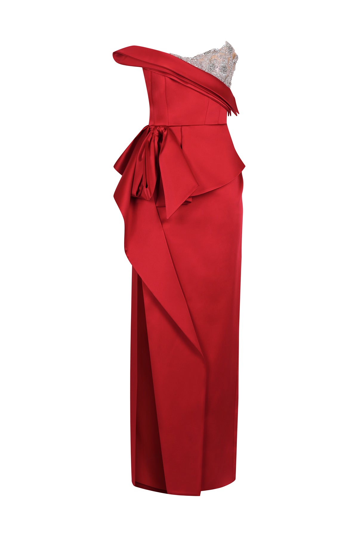 Stone Embroidered Bow Detailed Strapless Long Evening Dress