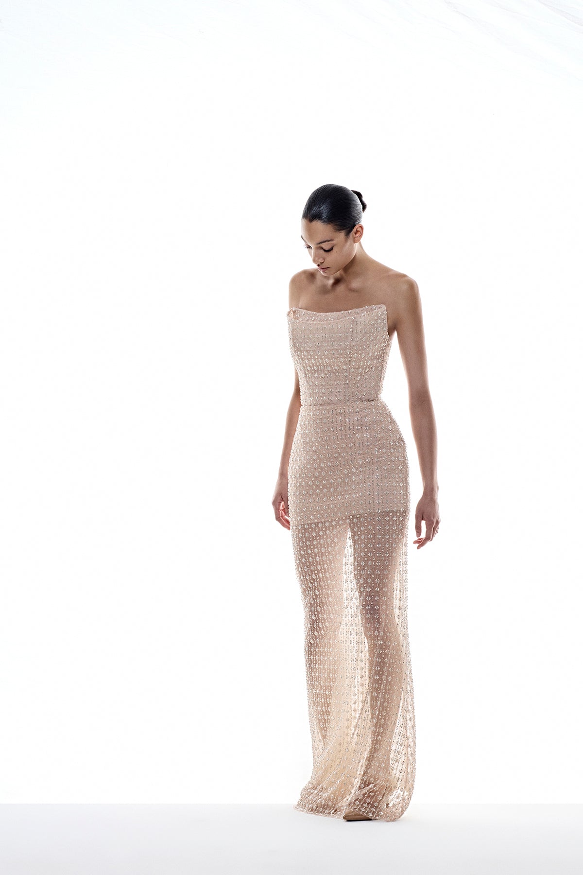 Stone Embellished Strapless Evening Gown