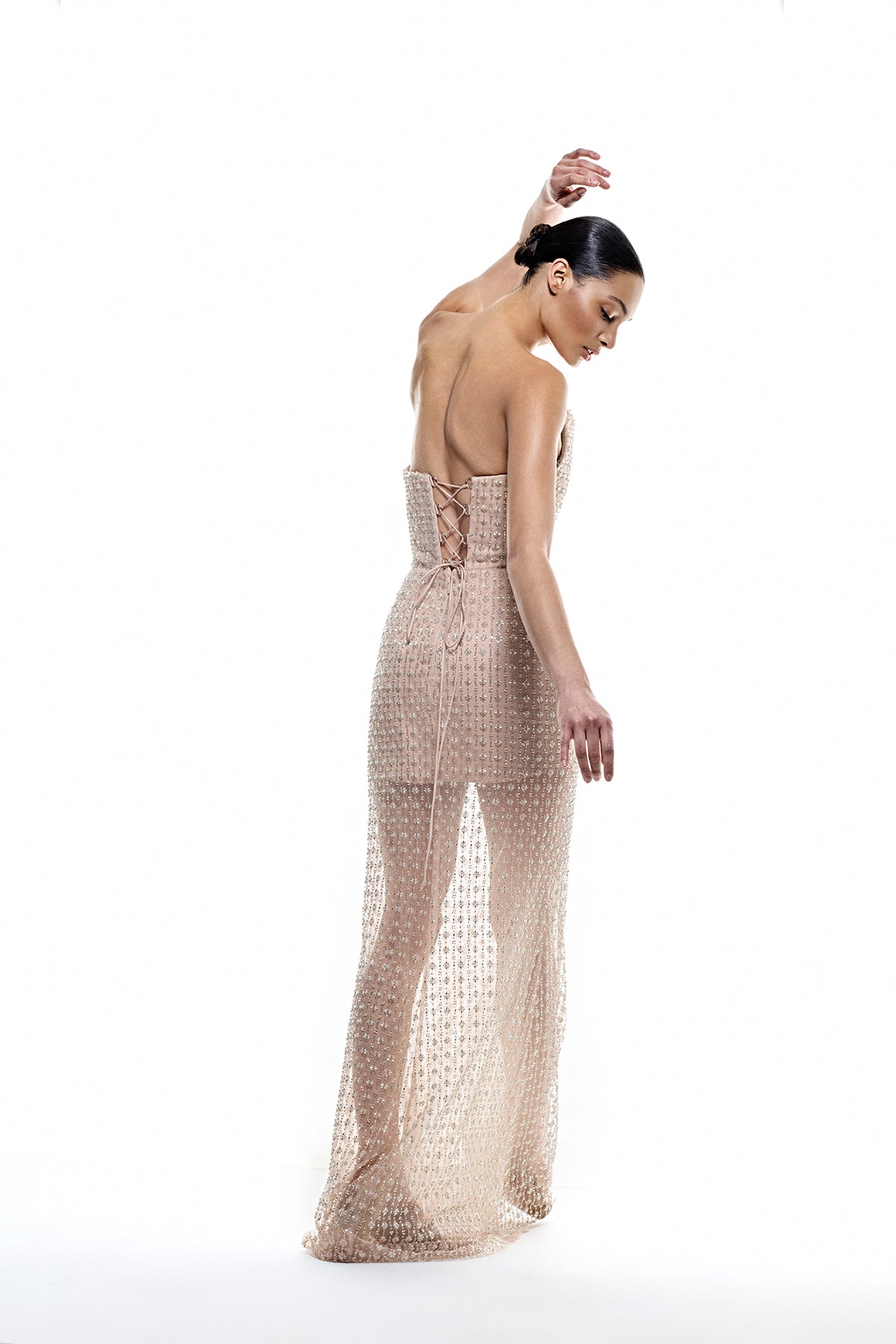 Stone Embellished Strapless Evening Gown