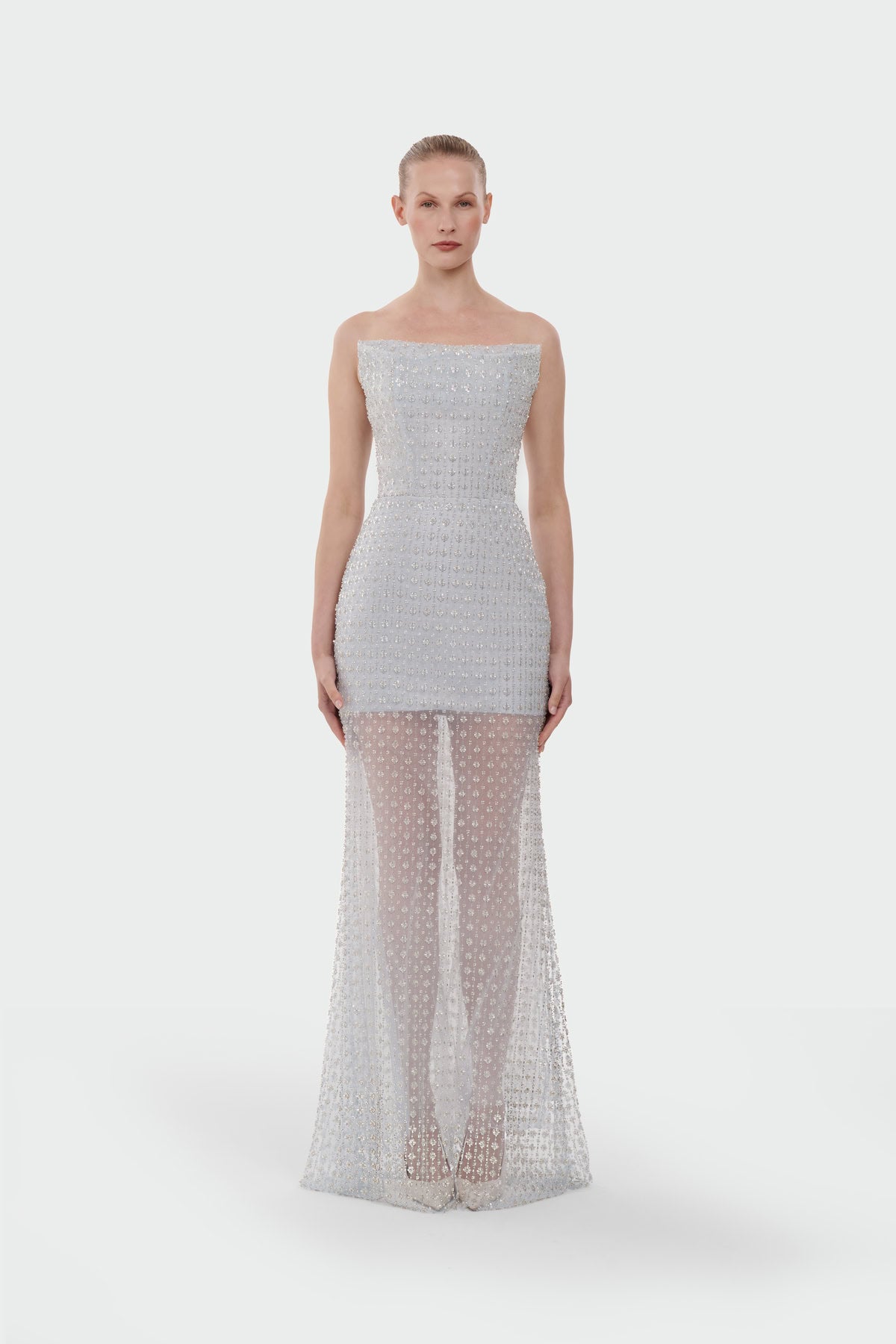 Stone Embellished Strapless Evening Gown