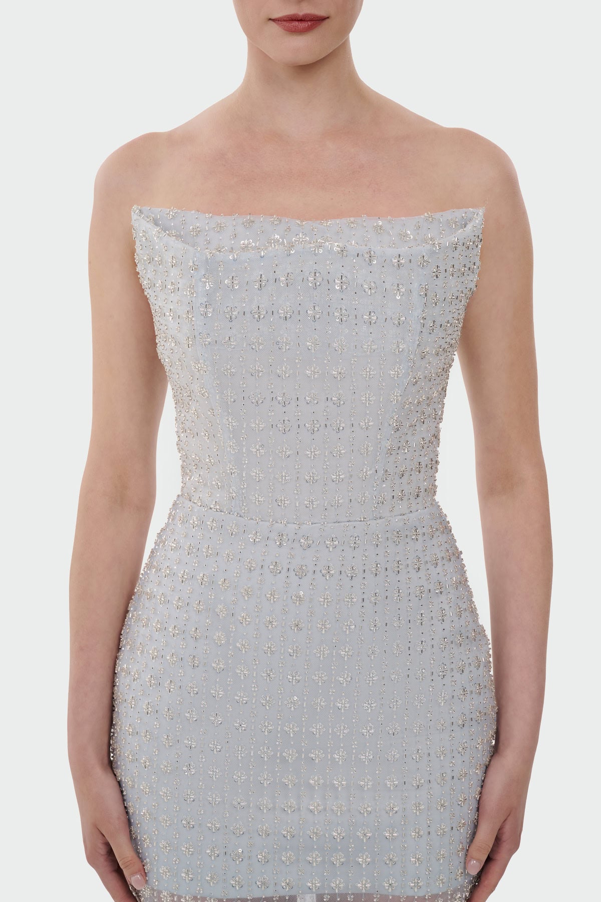 Stone Embellished Strapless Evening Gown