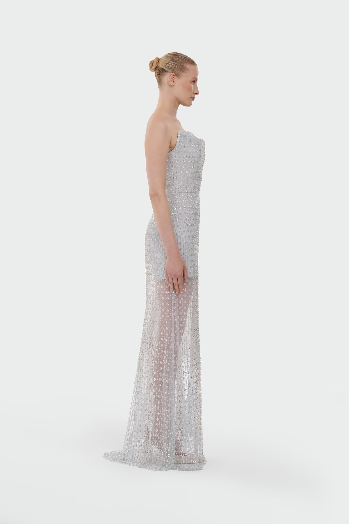 Stone Embellished Strapless Evening Gown