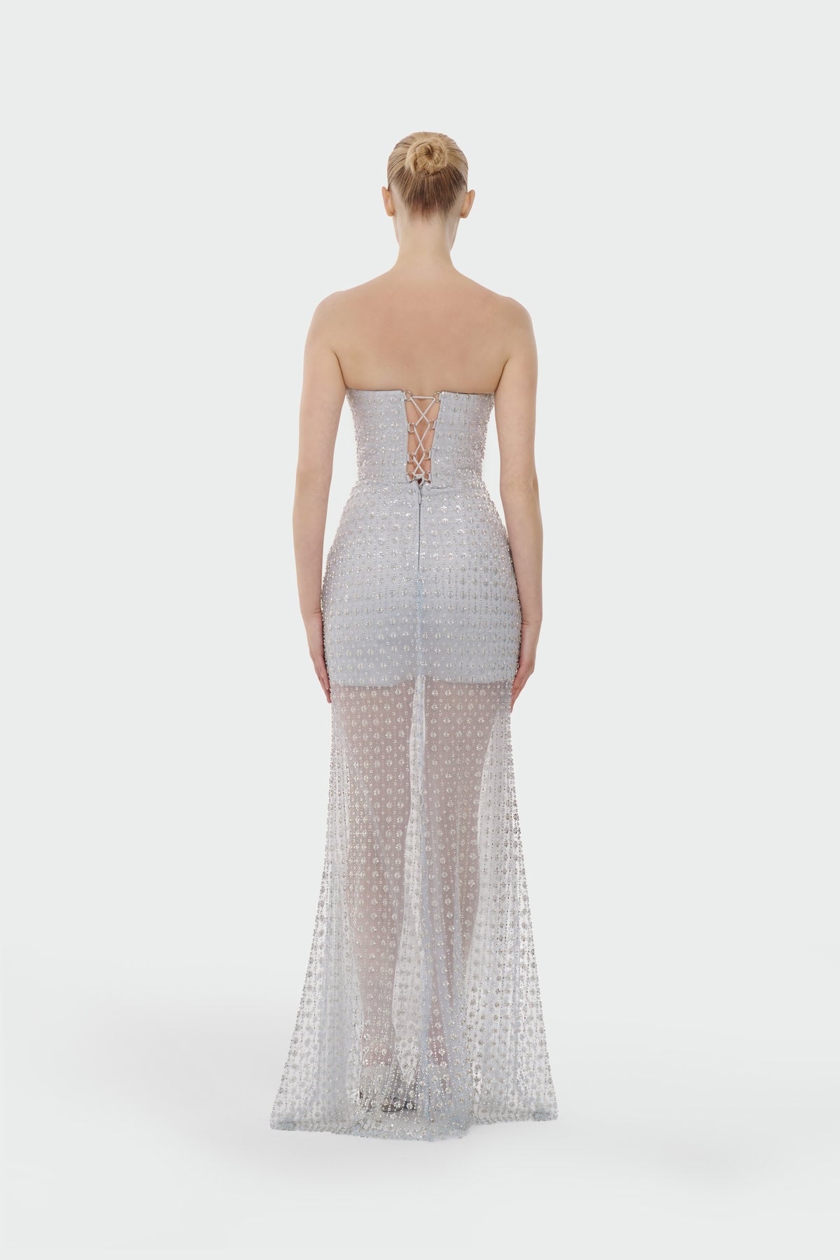 Stone Embellished Strapless Evening Gown