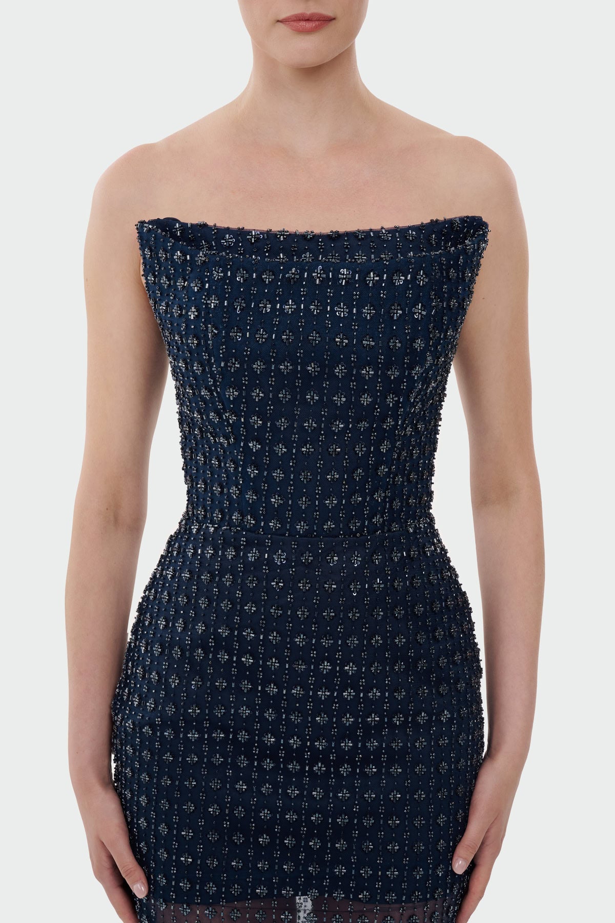 Stone Embellished Strapless Evening Gown