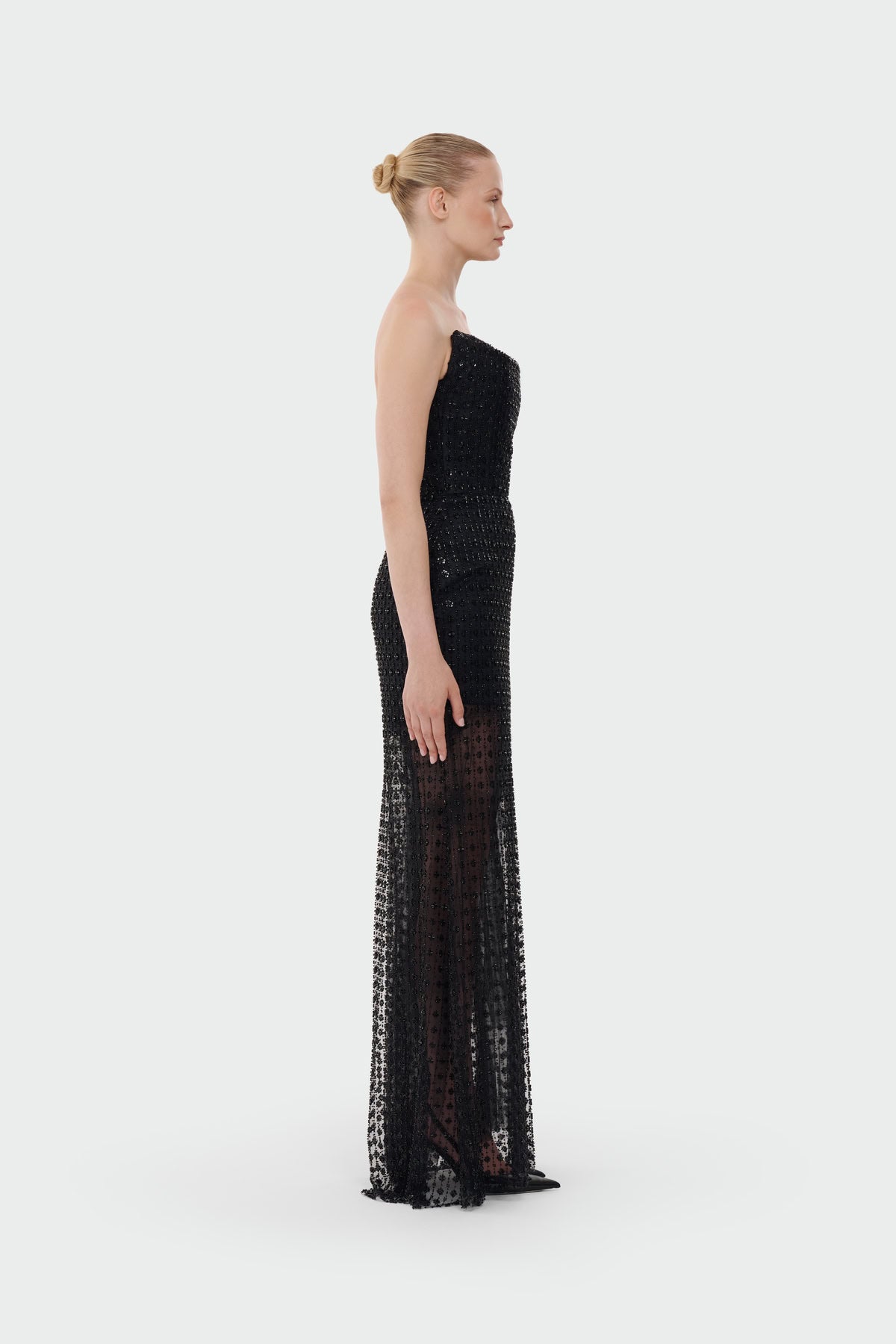 Stone Embellished Strapless Evening Gown