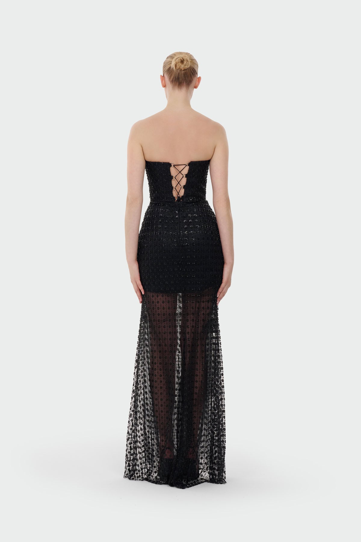 Stone Embellished Strapless Evening Gown