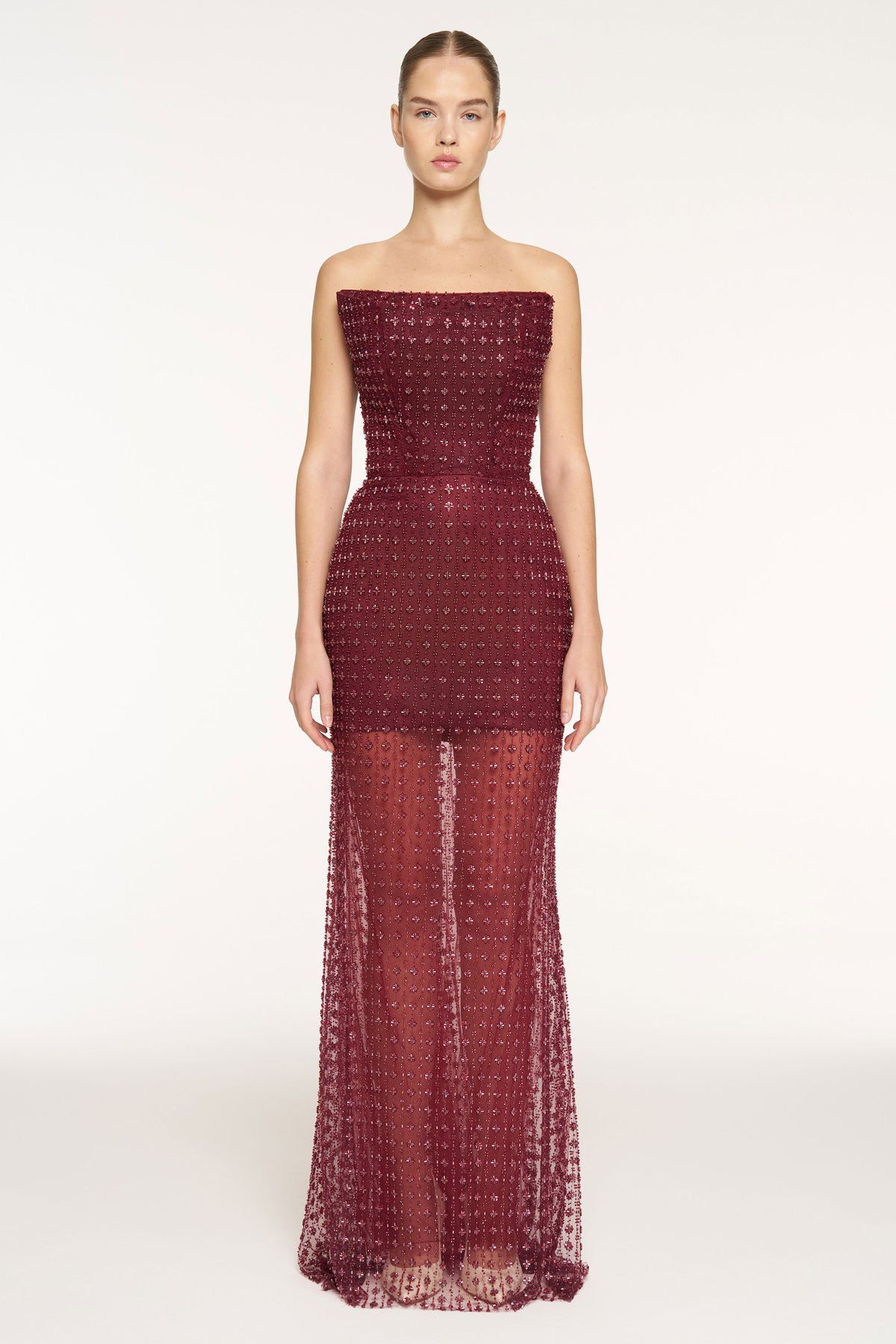 Stone Embellished Strapless Evening Gown