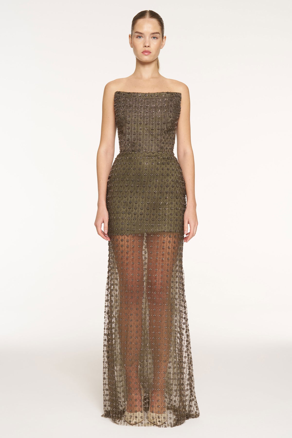 Stone Embellished Strapless Evening Gown