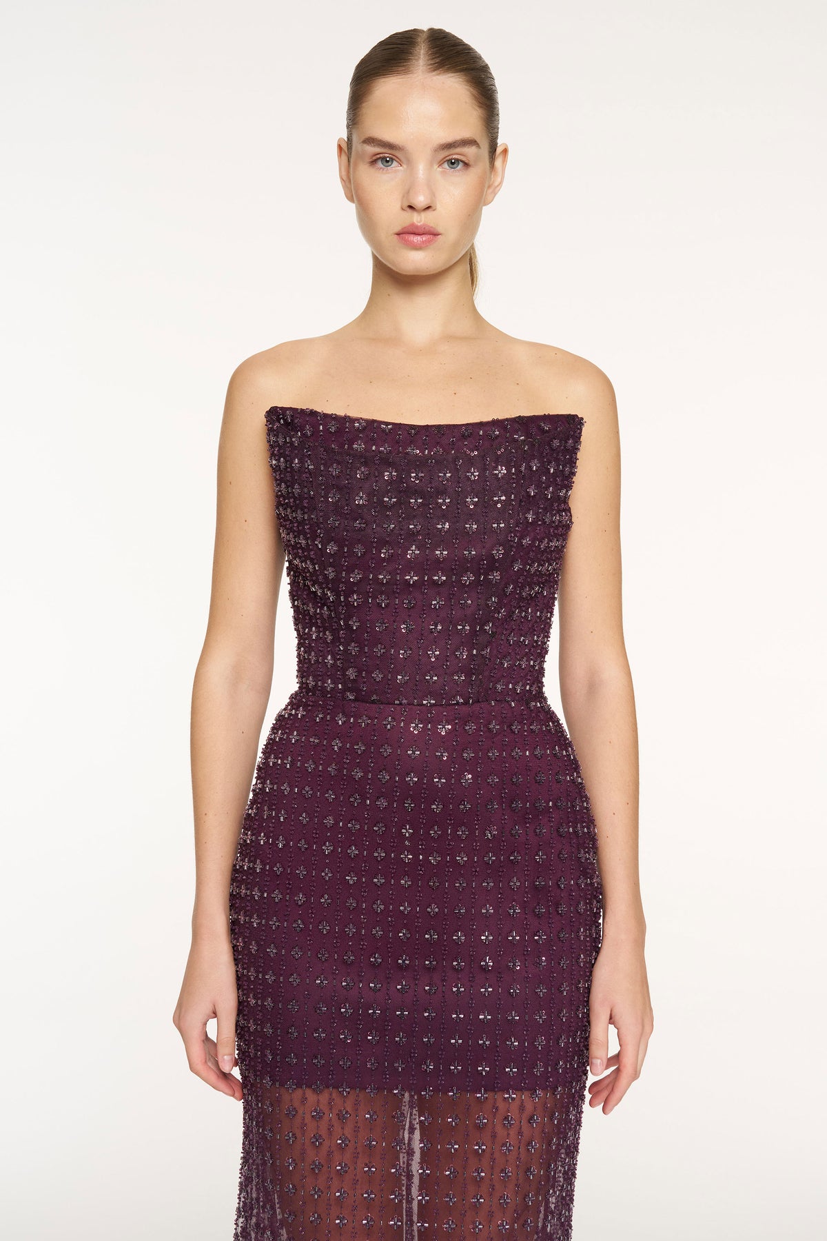 Stone Embellished Strapless Evening Gown