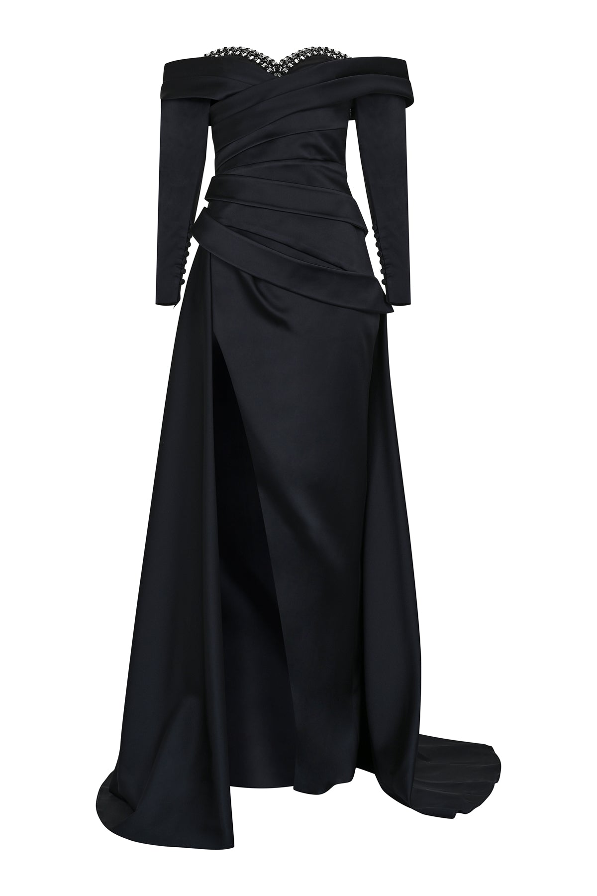 Stone Embroidered Long Sleeve Satin Slit Evening Dress