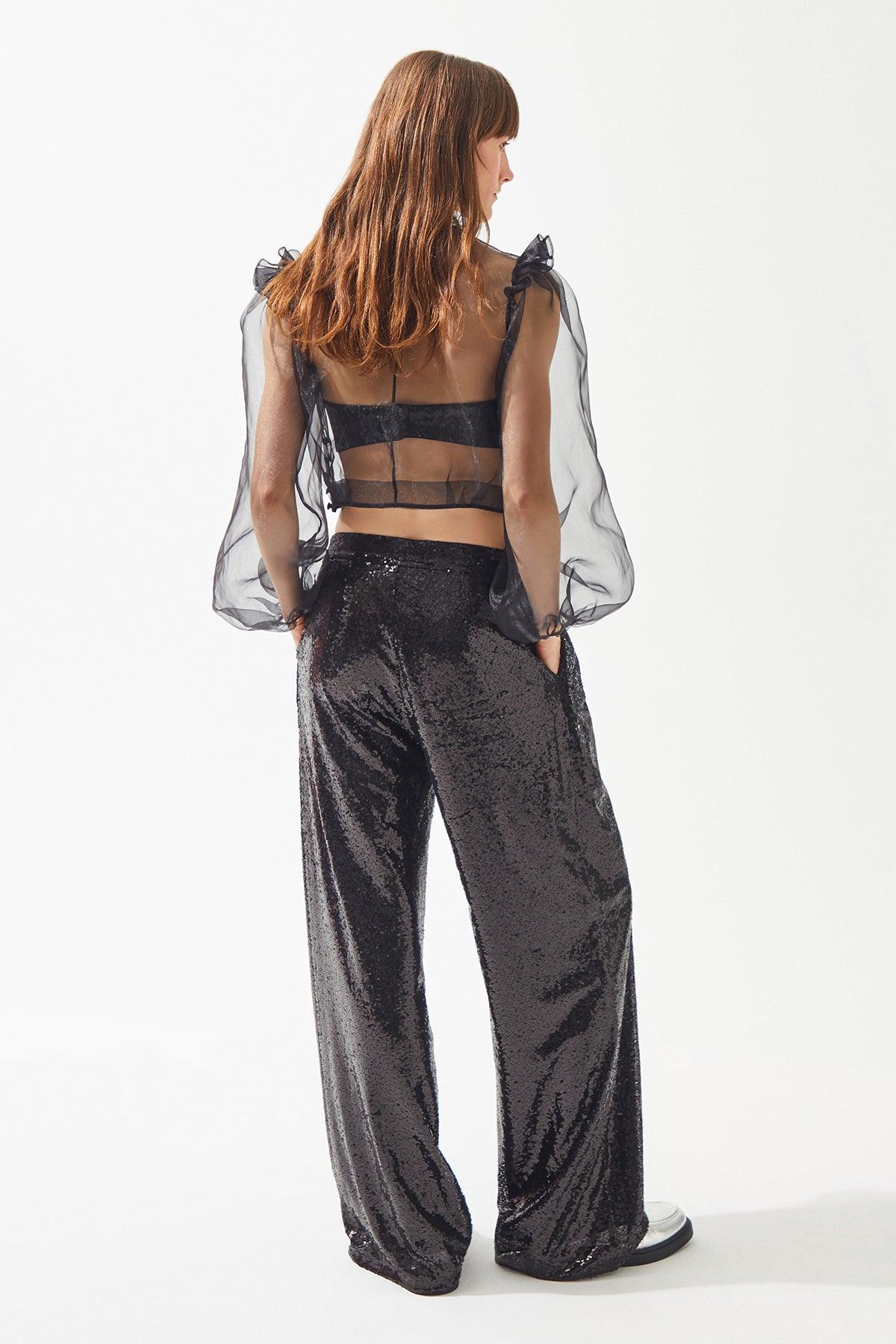 Transparan Organze Uzun Balon Kollu Crop Bluz - Cercis