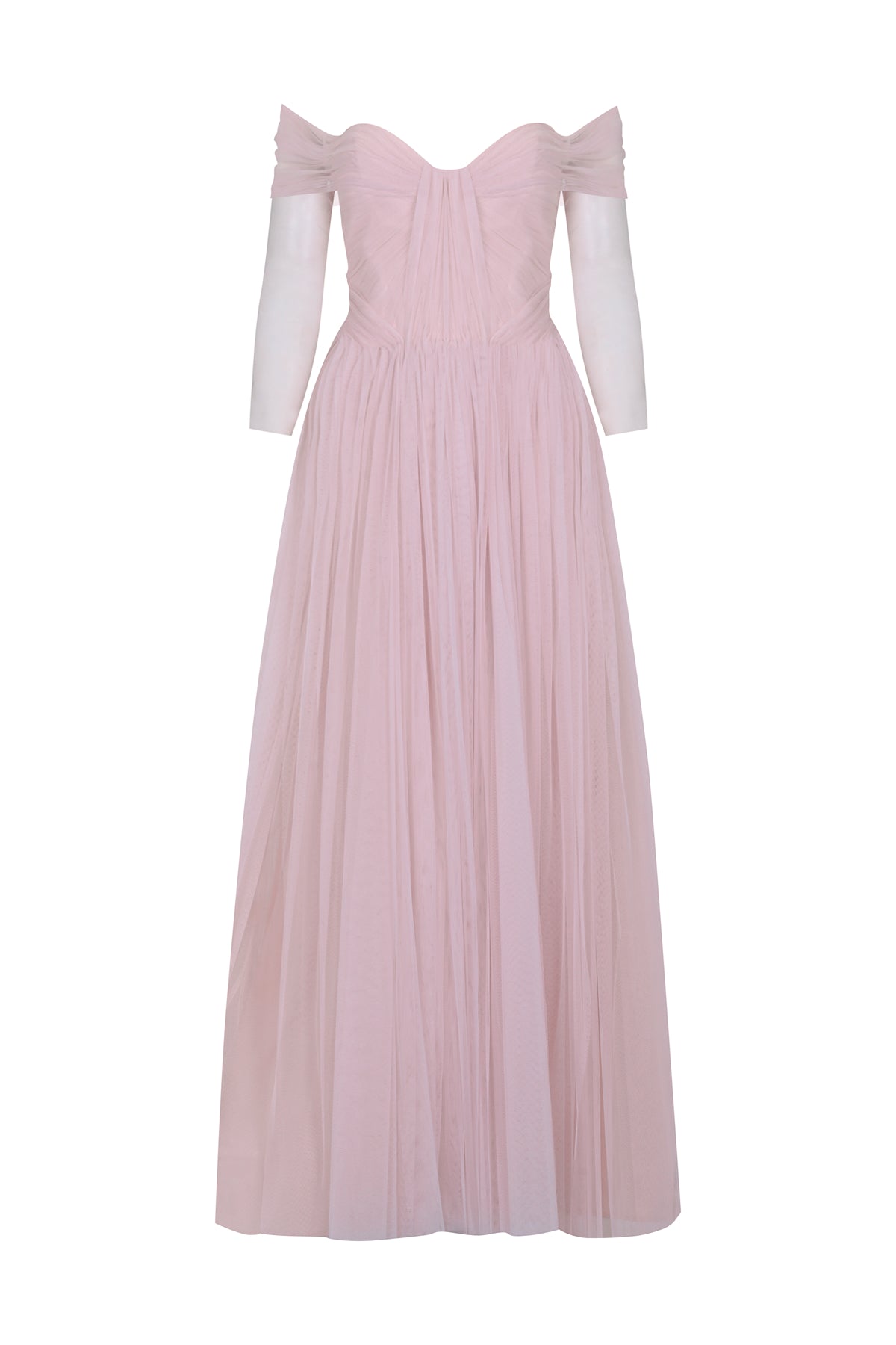 Transparent Tulle Sleeve Strapless Long Evening Dress